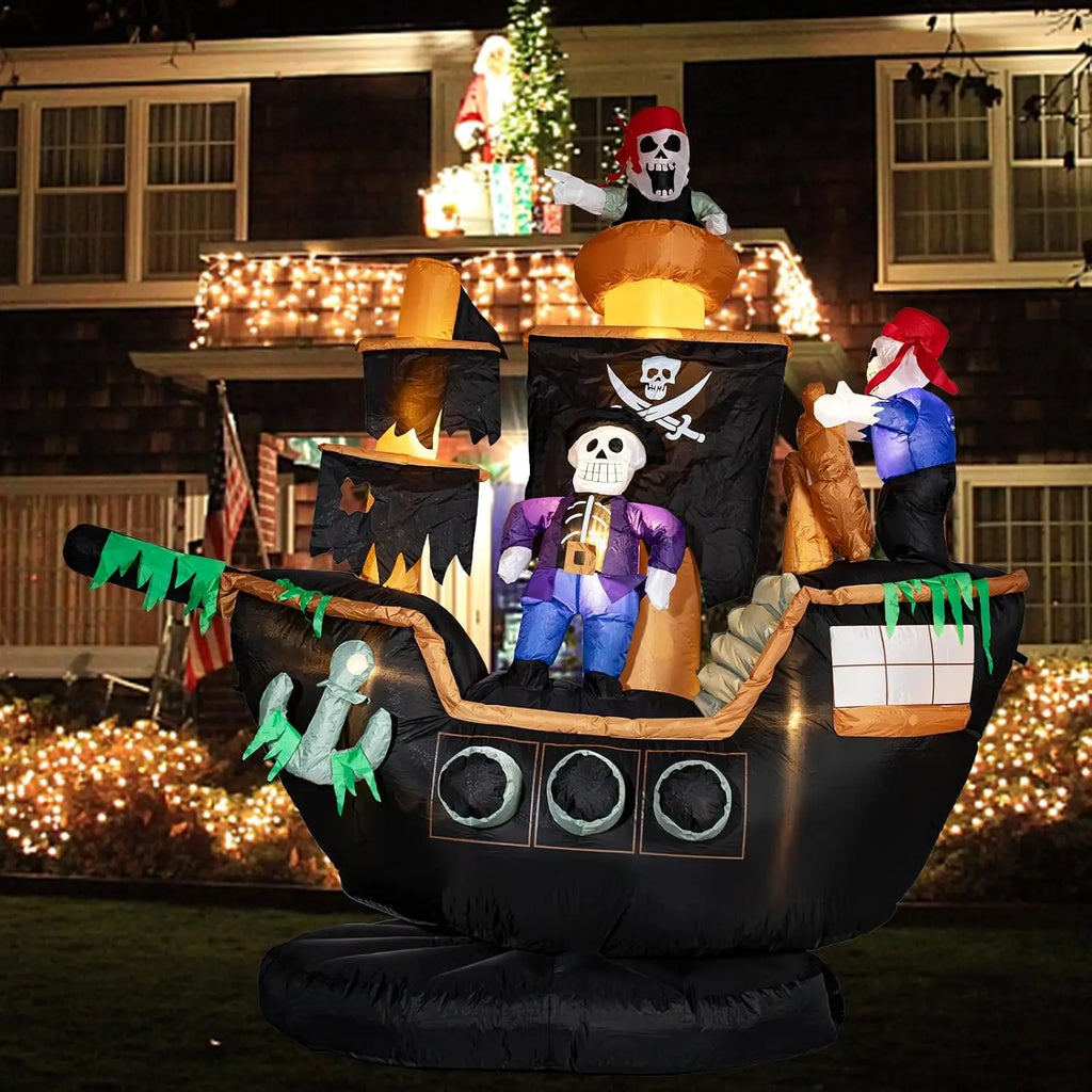 Outdoor Halloween Inflatable Pirate Ship Decor with Skeletons & Ghosts, 7FT Tall, Built-in LED Lights, Waterproof, Includes Fan, Weight Bag, Stakes & Strings