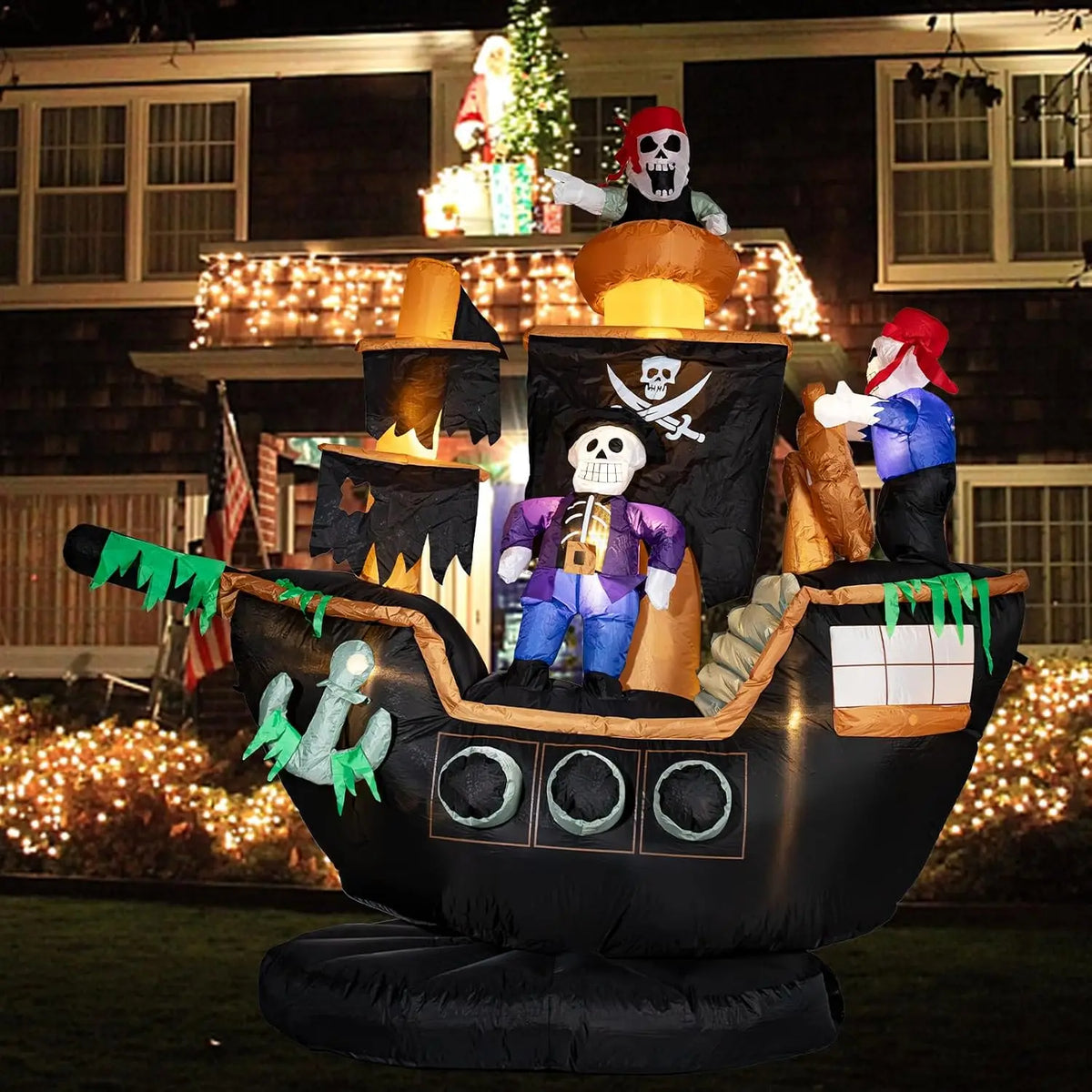 Outdoor Halloween Inflatable Pirate Ship Decor with Skeletons & Ghosts, 7FT Tall, Built-in LED Lights, Waterproof, Includes Fan, Weight Bag, Stakes & Strings