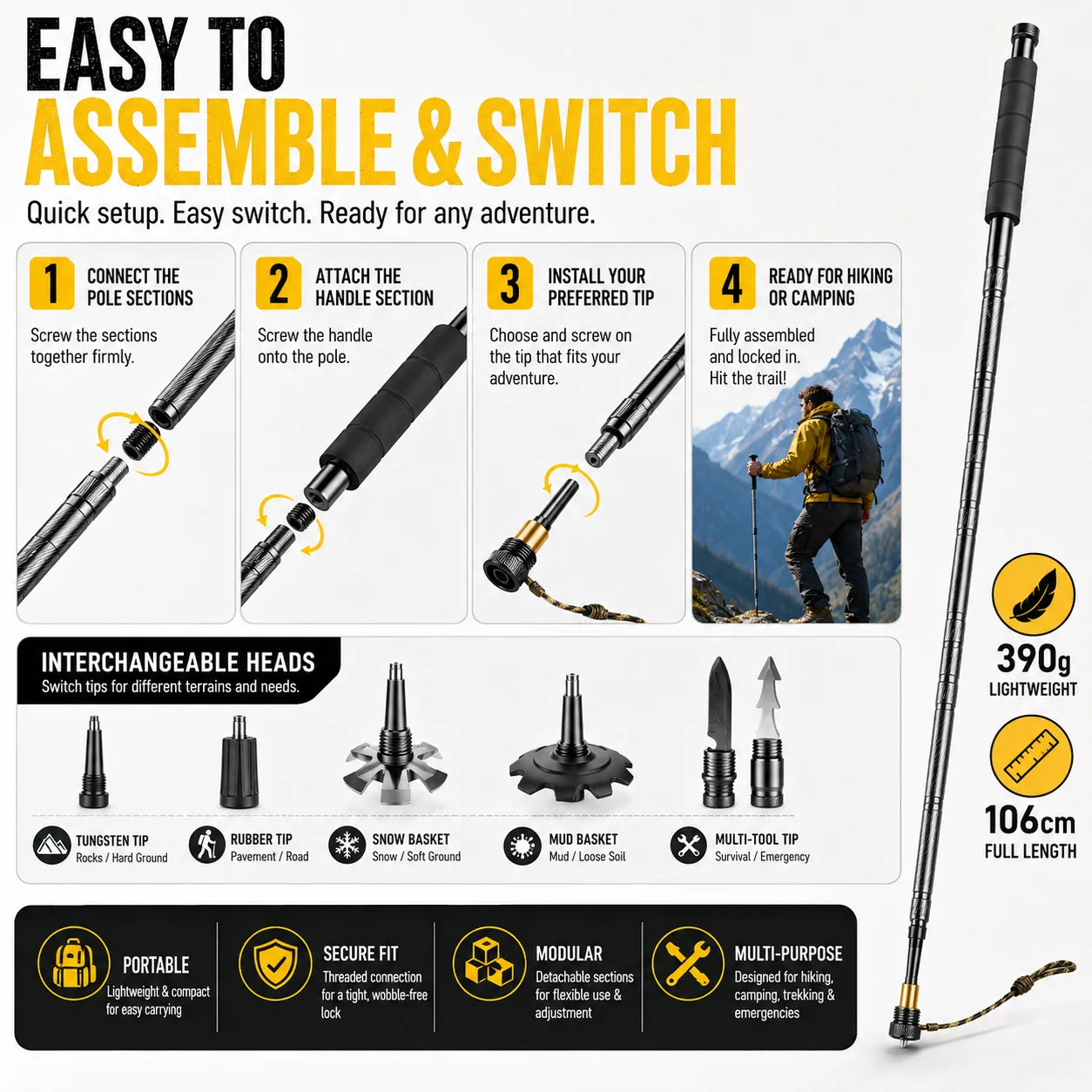 Adjustable 106CM Outdoor Walking Stick, Telescopic Lightweight Hiking Trekking Pole, Non Slip Comfort Grip Outdoor Adventures