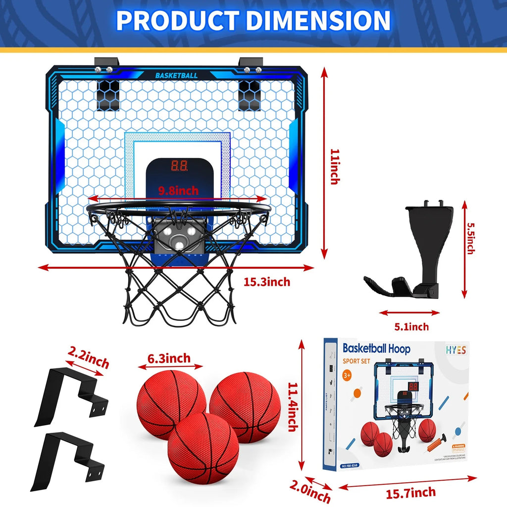 Basketball Hoop Wall-mounted Indoor/Outdoor Training Home Kids Basketball Toy, with 7 LED Lights Scoreboard