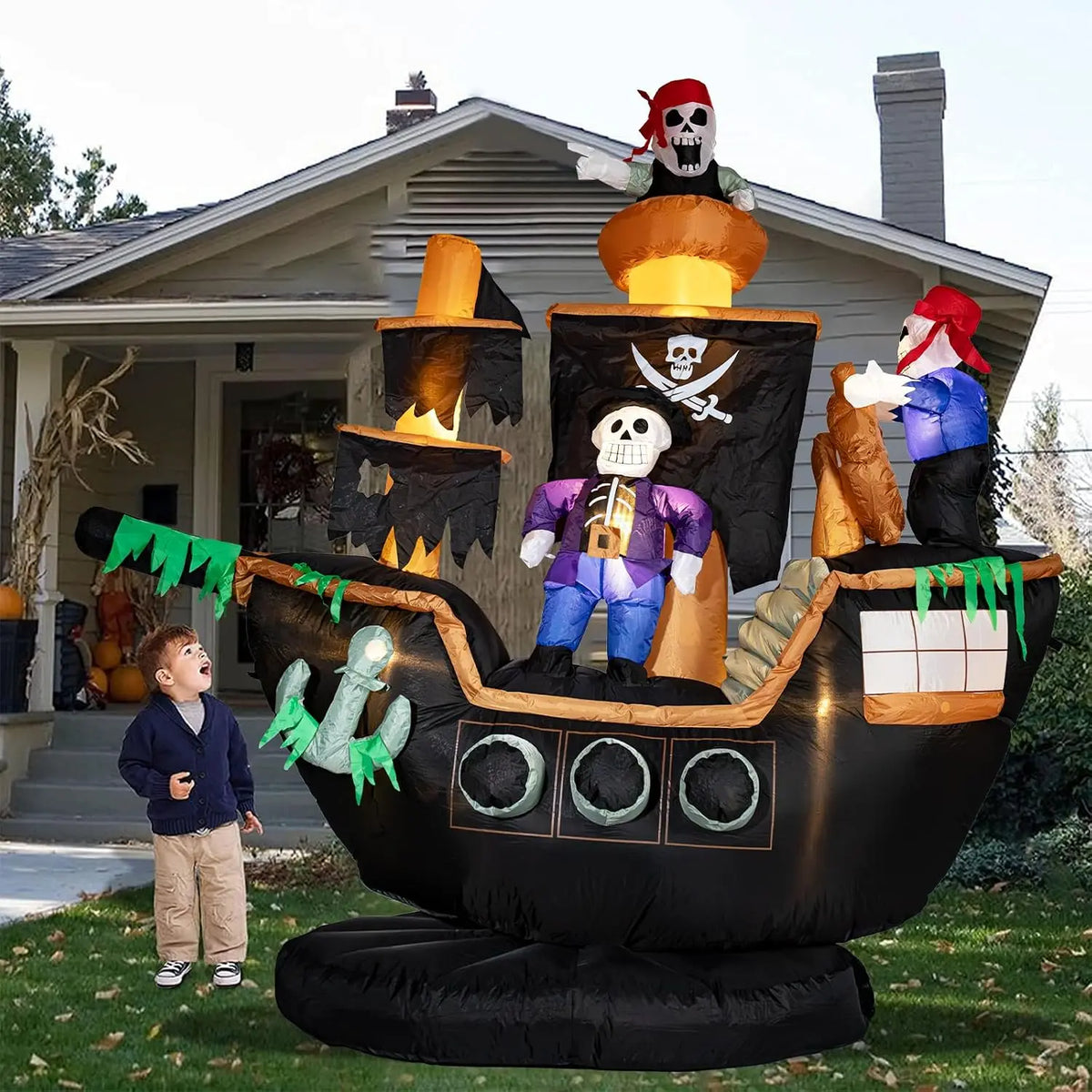 Outdoor Halloween Inflatable Pirate Ship Decor with Skeletons & Ghosts, 7FT Tall, Built-in LED Lights, Waterproof, Includes Fan, Weight Bag, Stakes & Strings