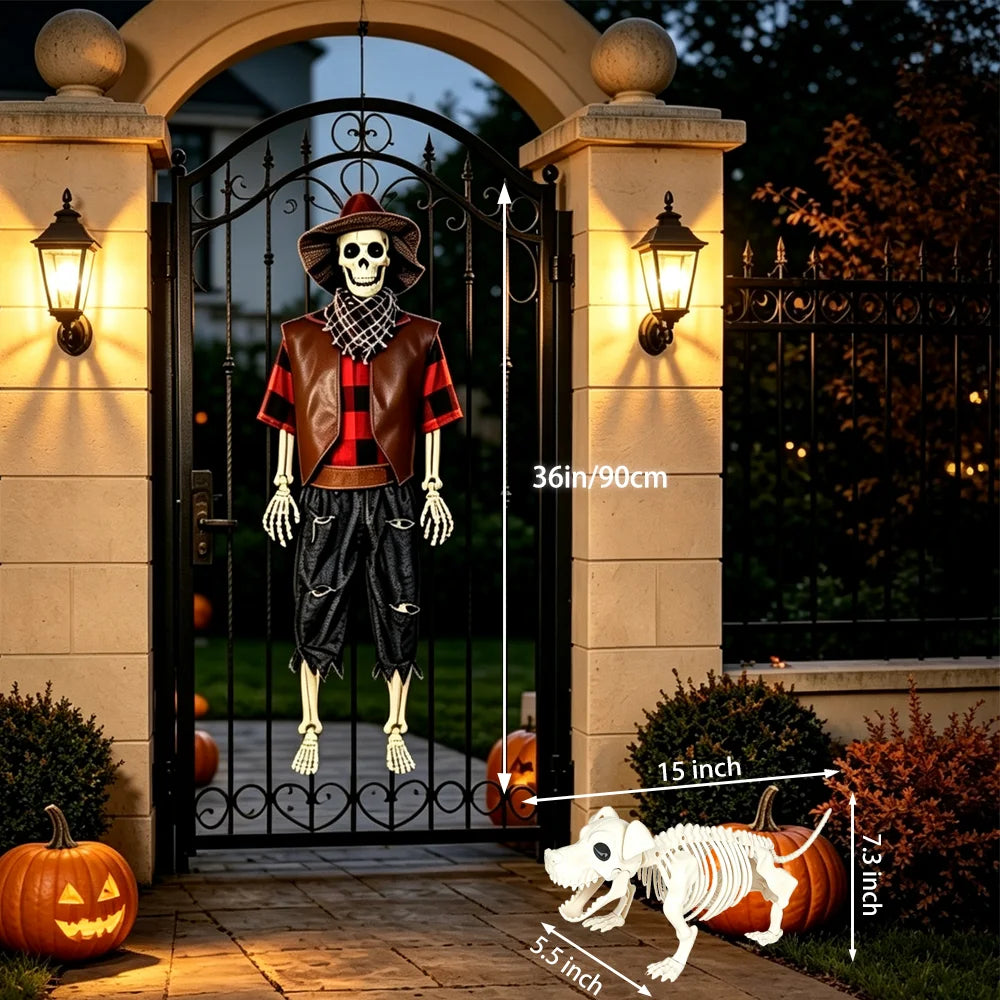 36" Halloween Skeleton Decorations, Posable Skeleton & Dog Outdoor Decor Creepy Halloween Farmer/Cowboy Themed Set