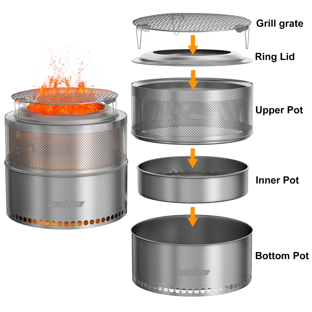 19-inch Smokeless Fire Pit, Used for Outdoor Wood Burning, Portable 304 Stainless Steel Camping Stove
