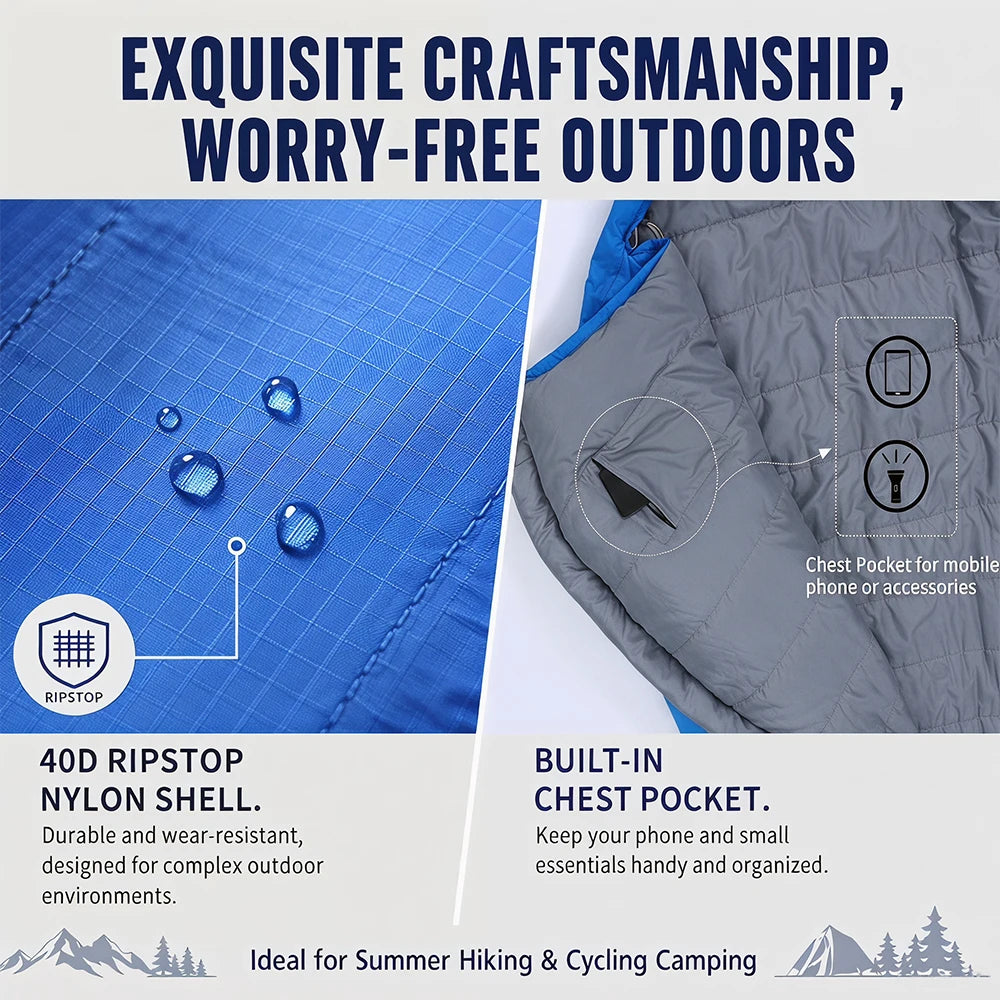 Sleeping Bag 40D Ripstop Nylon Shell Synthetic Fiber Fill Lightweight Portable Camping for Adults