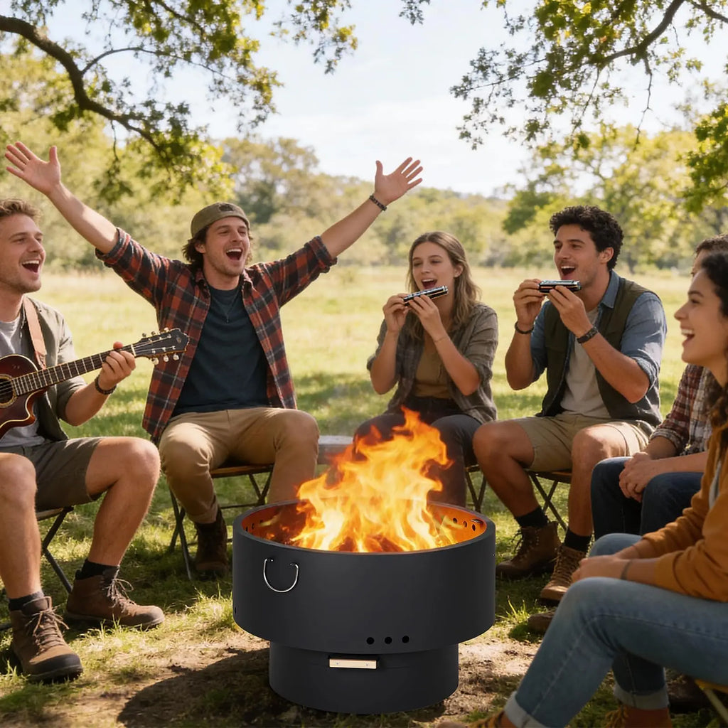 30 Inch Smokeless Fire Pit Table With Bamboo Lid, Removable Ash Pan And Carry Bag, Carbon Steel Outdoor Firepit For Patio Camping