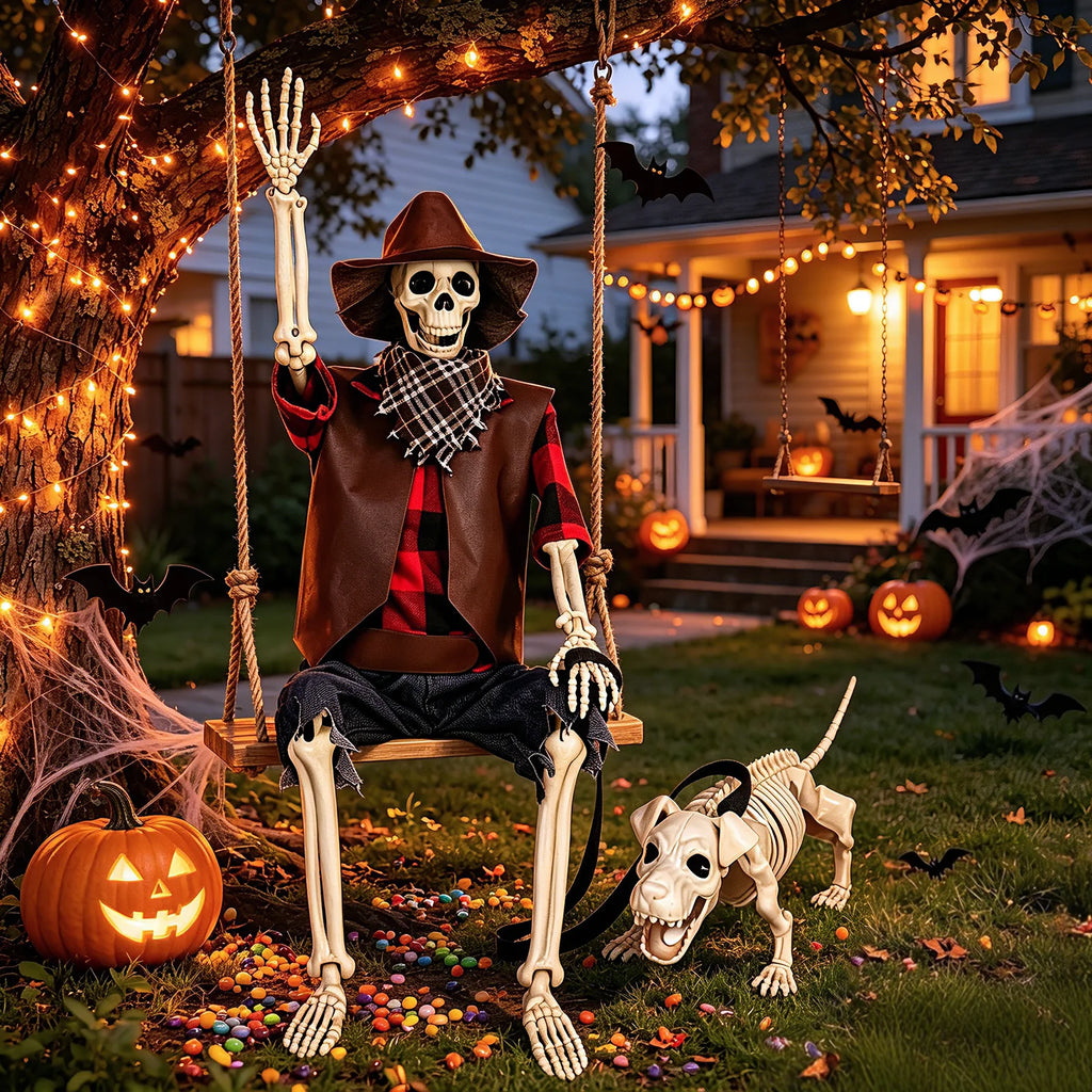 36" Halloween Skeleton Decorations, Posable Skeleton & Dog Outdoor Decor Creepy Halloween Farmer/Cowboy Themed Set