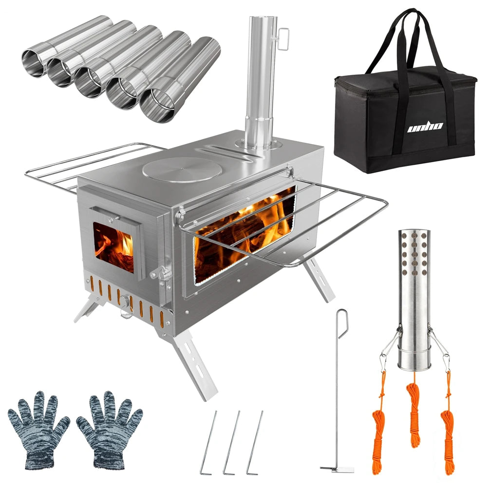 Portable Camping Wood Burning Stove Stainless Steel Tent Stove with 7 Chimney Pipes for Outdoor Camping