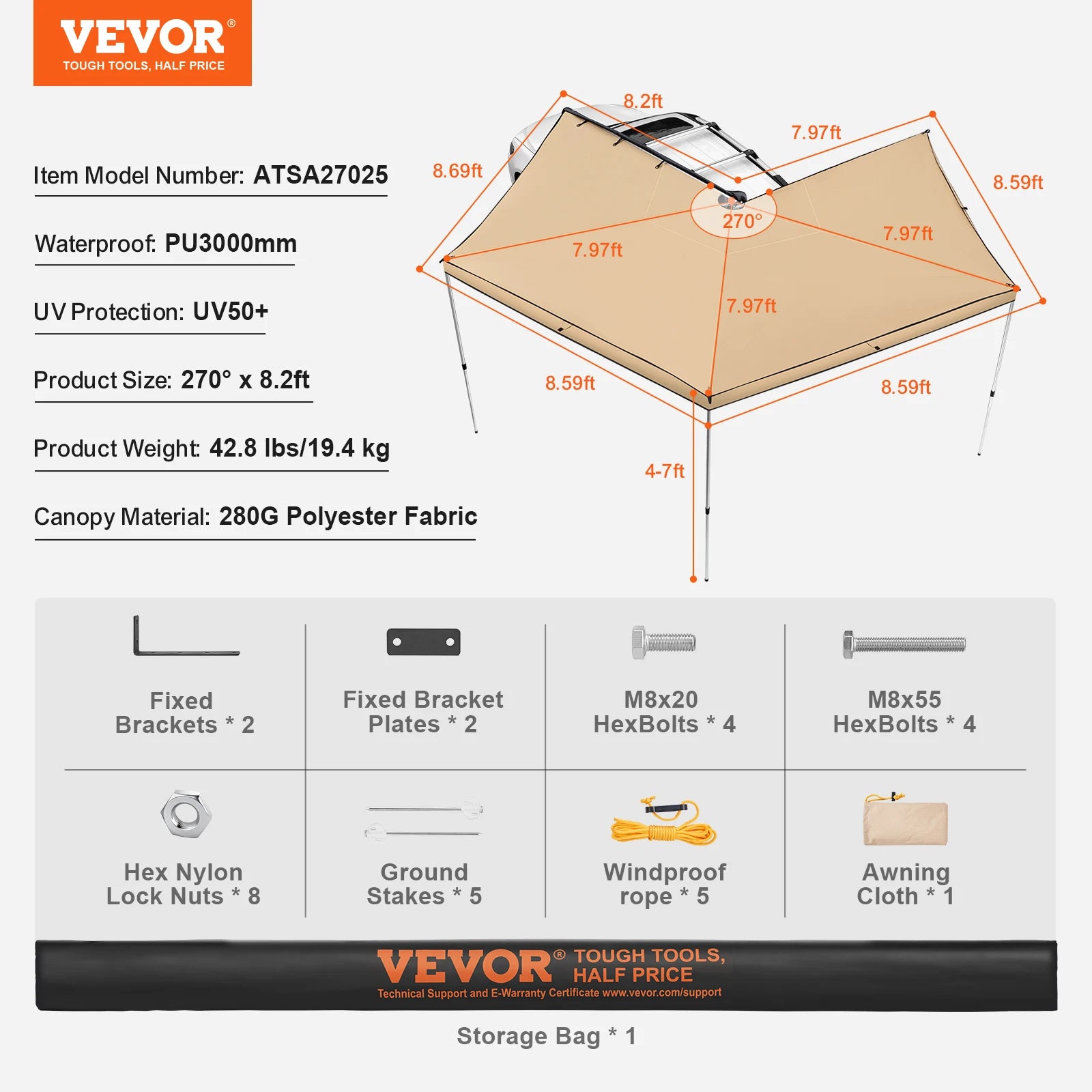 Vehicle Awning  Retractable Car Side Awning Suitable for Truck SUV Van