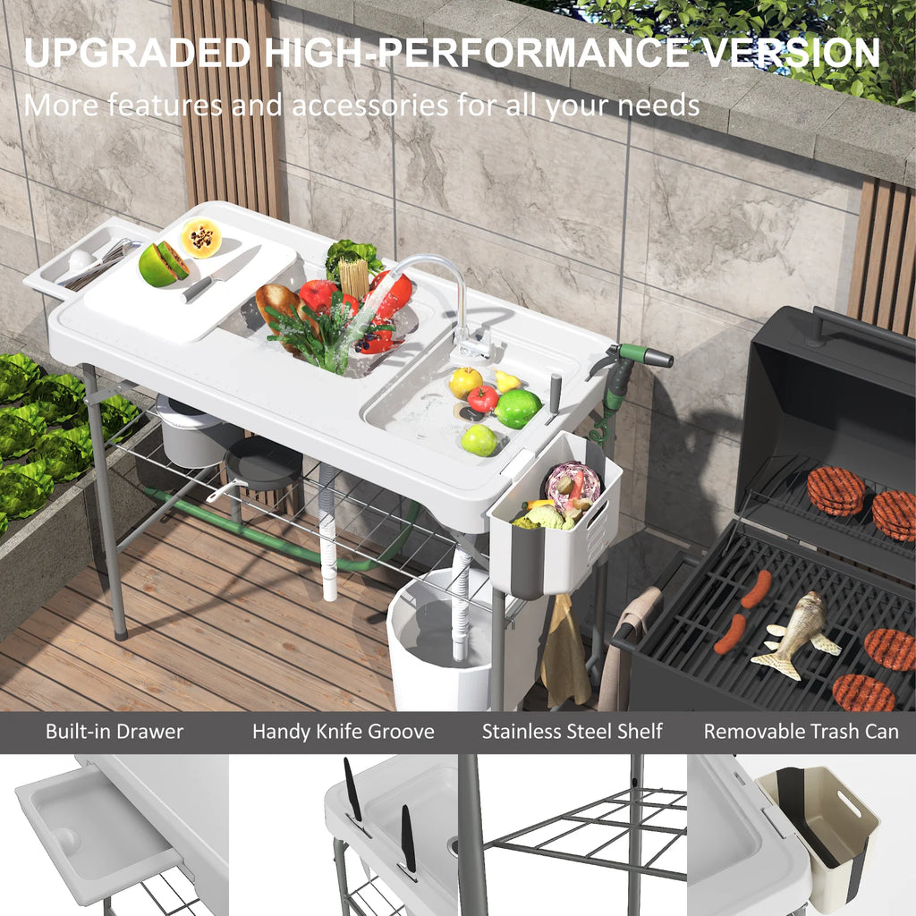 Folding Fish Cleaning Table with Sink, Portable Camping Sink Table, Outdoor Fillet Table for Picnic, Beach & Patio, White