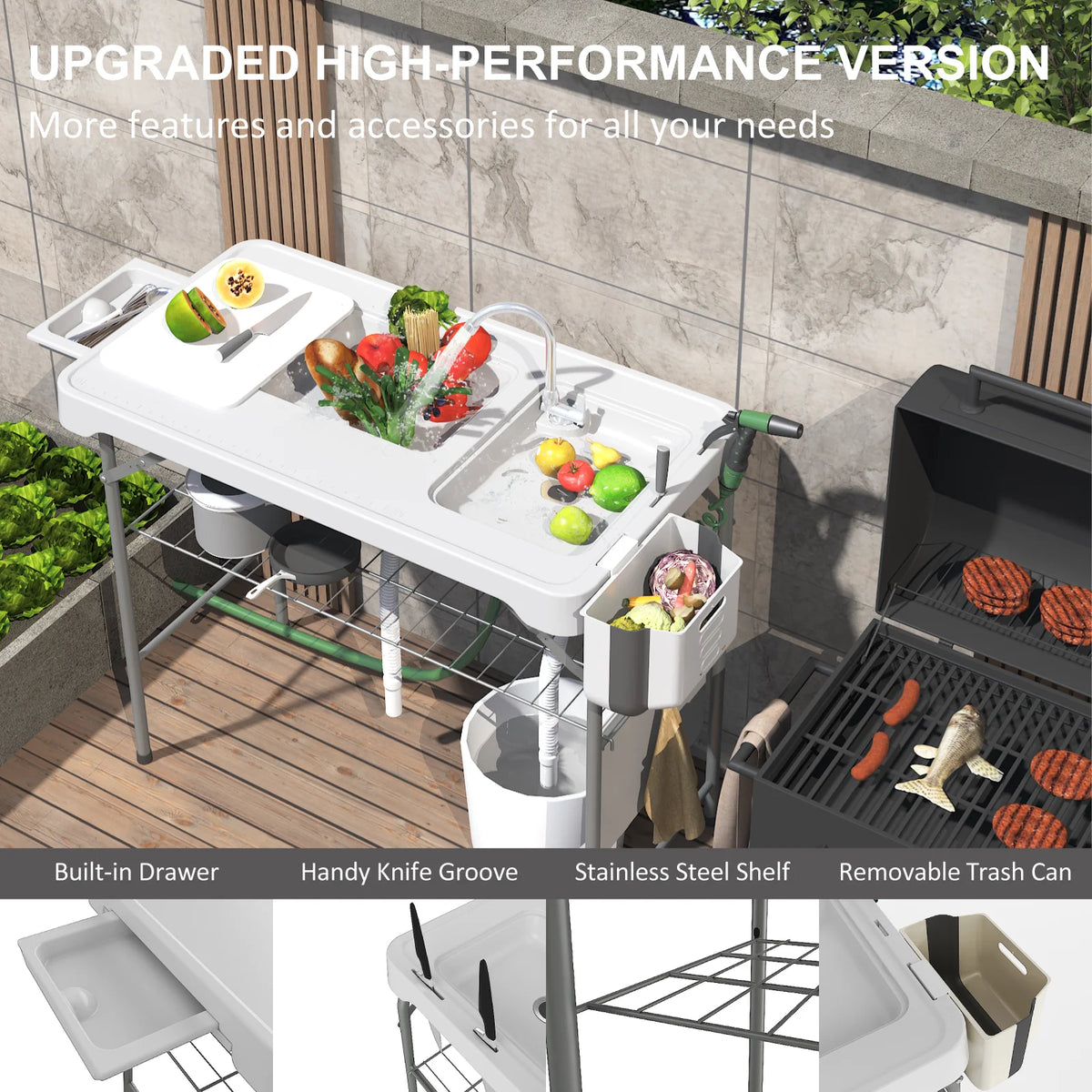 Folding Fish Cleaning Table with Sink, Portable Camping Sink Table, Outdoor Fillet Table for Picnic, Beach & Patio, White