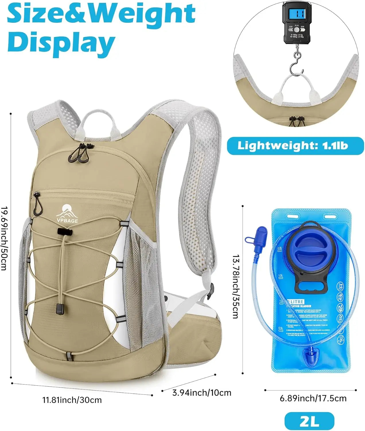 Hydration Backpack with 2L Water Bladder, Lightweight 15L Daypack for Hiking Running Skiing