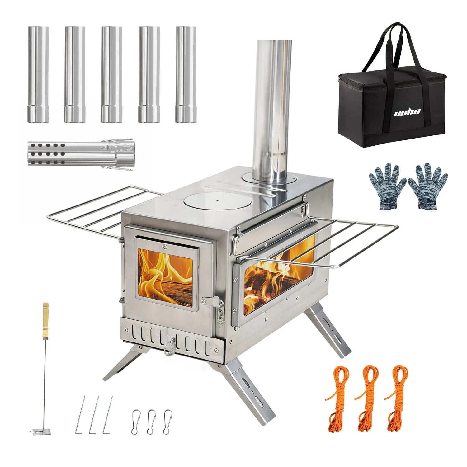 Portable Camping Tent Wood Stove for Outdoor Heating Stainless Steel Stove with 7 Chimney Pipes