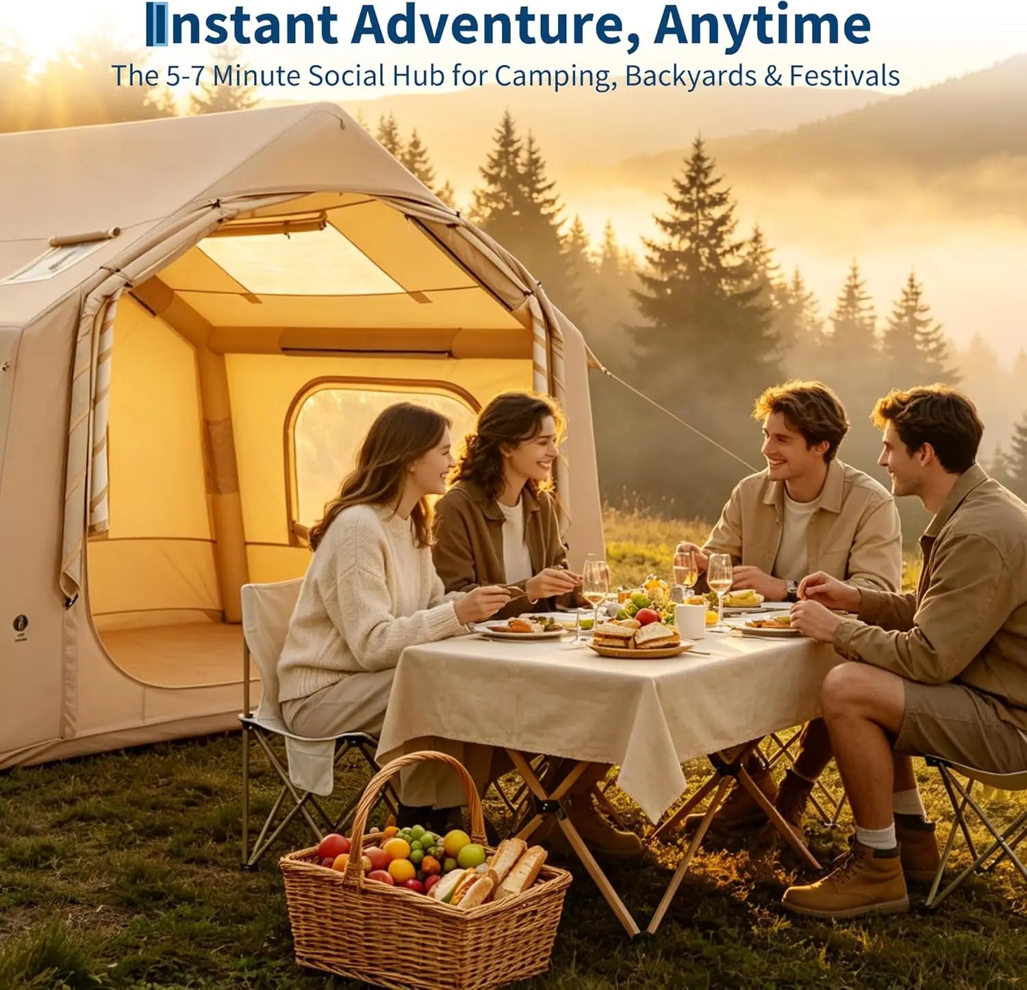 Garvee with Skylight & Stove Jack 210D Oxford Air Glamping Tents, 3-5 Person Inflatable Camping Tent, Quick Setup Blow Up Tent Hand Pump 4 Season Outdoor Beach Hiking