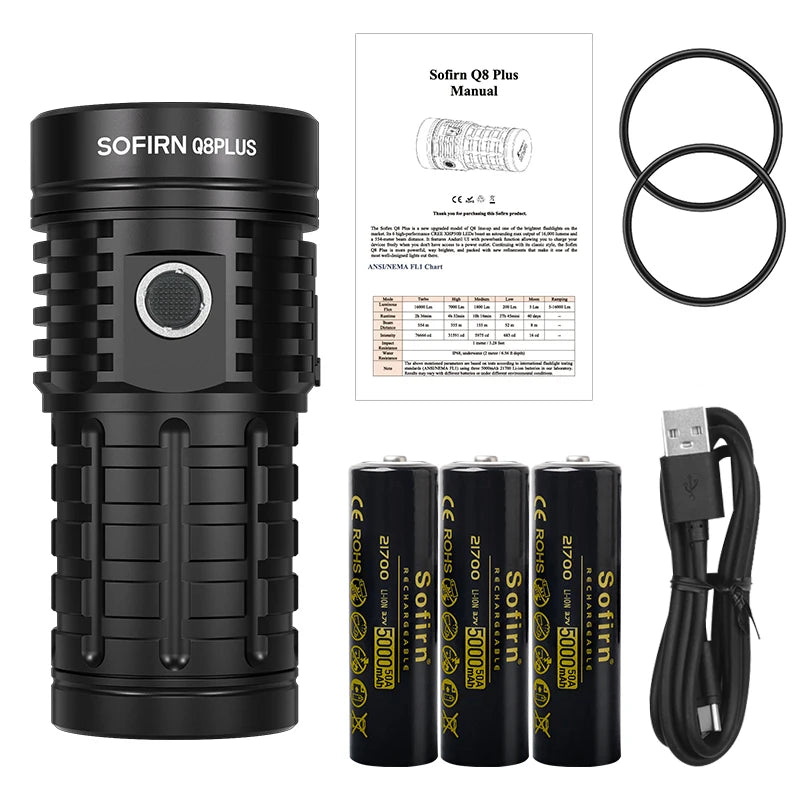 Q8 Plus Super Powerful LED Flashlight 16000lm USB C Rechargeable 21700