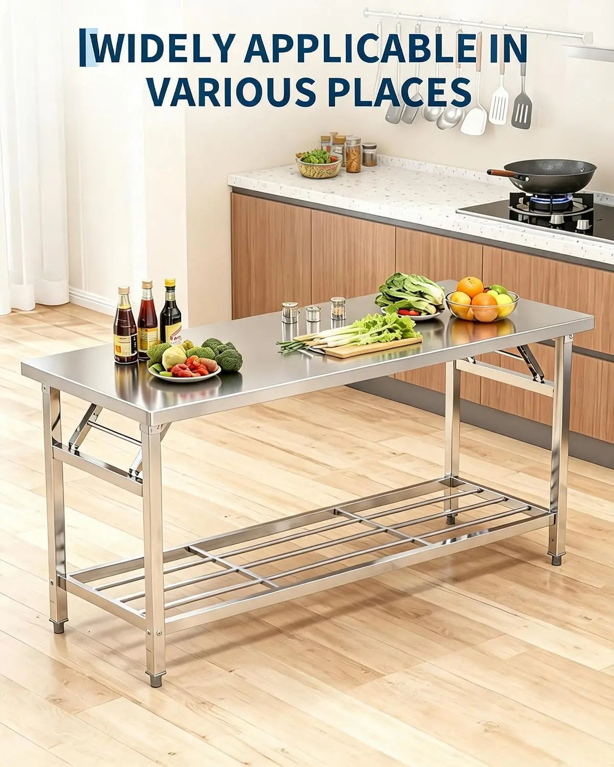 Stainless Steel Folding Prep Table with Undershelf for Home 700 lbs heavy load foldable portable design anti-slip adjustable legs