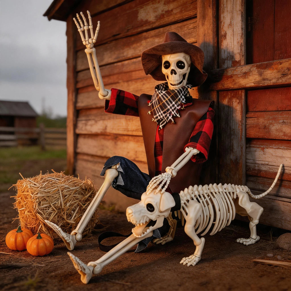 36" Halloween Skeleton Decorations, Posable Skeleton & Dog Outdoor Decor Creepy Halloween Farmer/Cowboy Themed Set