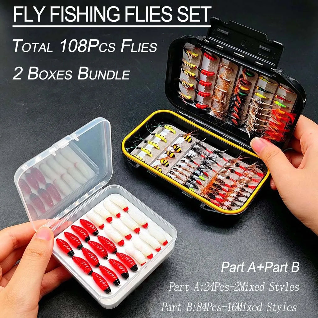 Fly Fishing Flies Assortment Kit-2 Boxes Bundle(Total 108Pcs Flies)Lures with Fly Box for Bass Trout Salmon Fishing Flies Nymphs