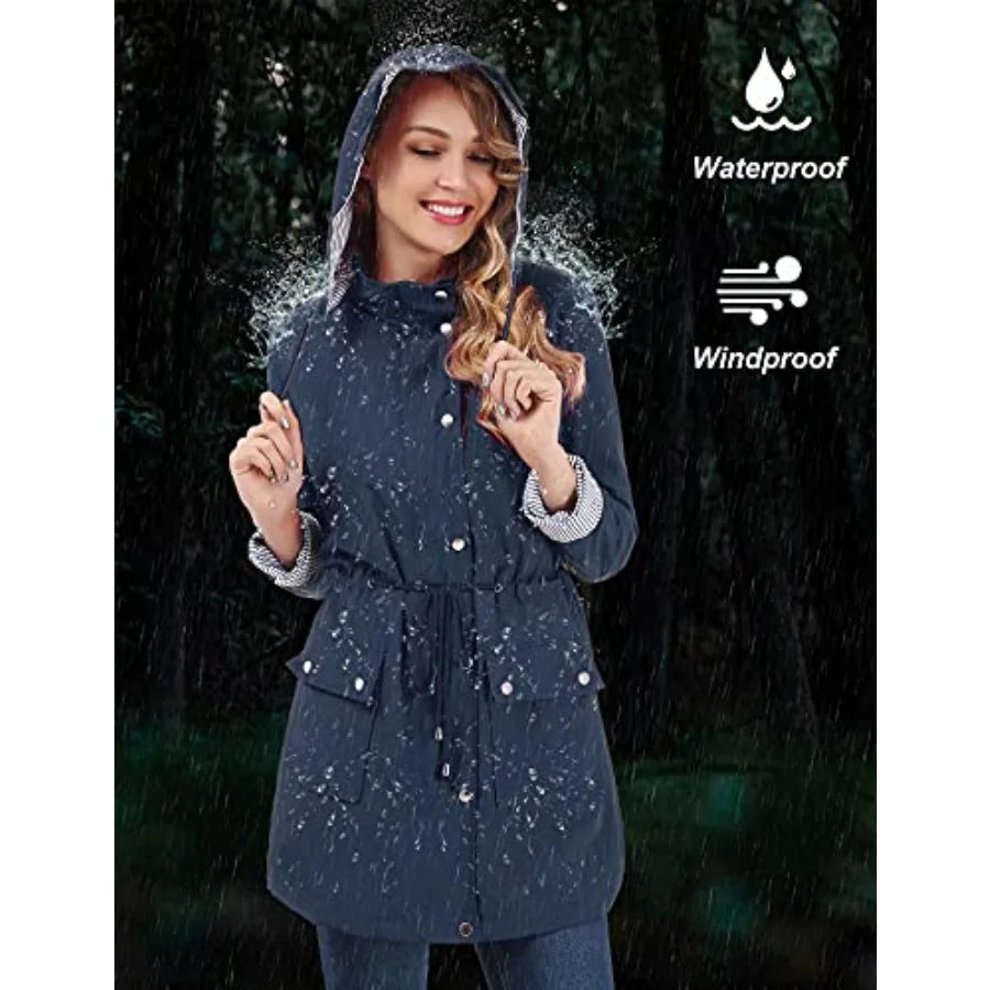 Rain Coats for Women Waterproof Rain Jacket Lightweight Windbreaker Outdoor Hooded Trench Coat