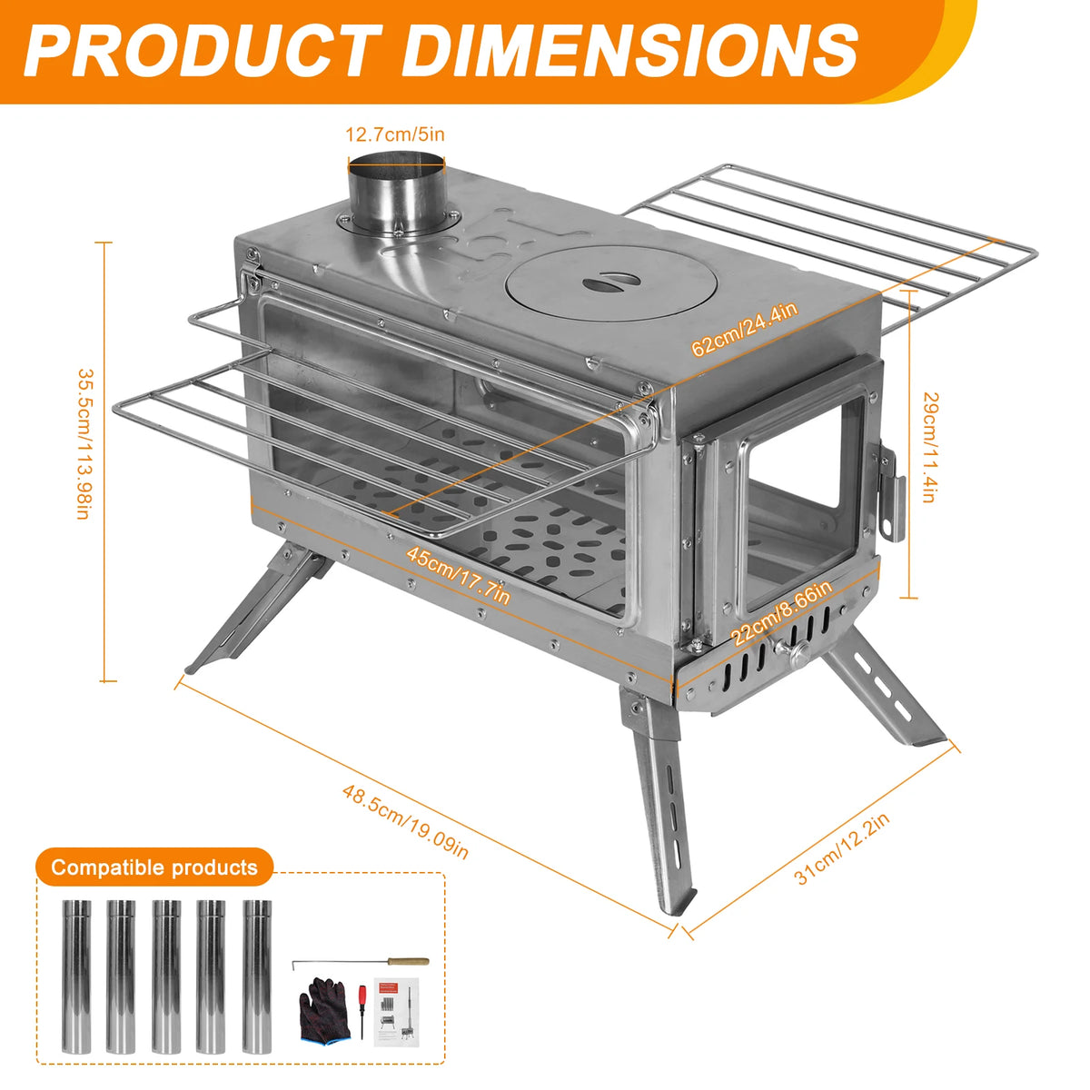 Backyard Heating Stove with Chimney Pipe Weatherproof Patio Heater Rust Proof for Tents Shelters Camping