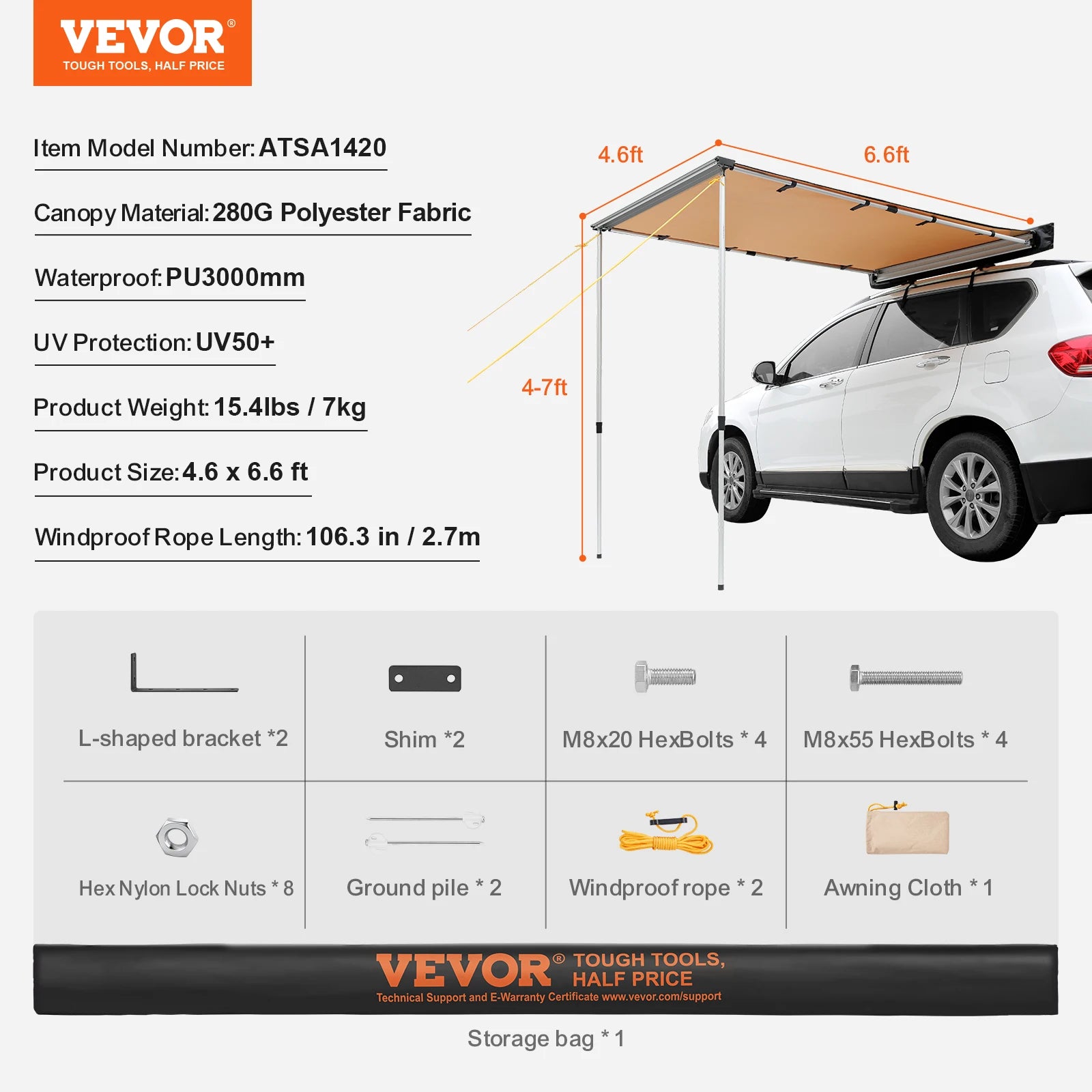 Vehicle Awning  Retractable Car Side Awning Suitable for Truck SUV Van