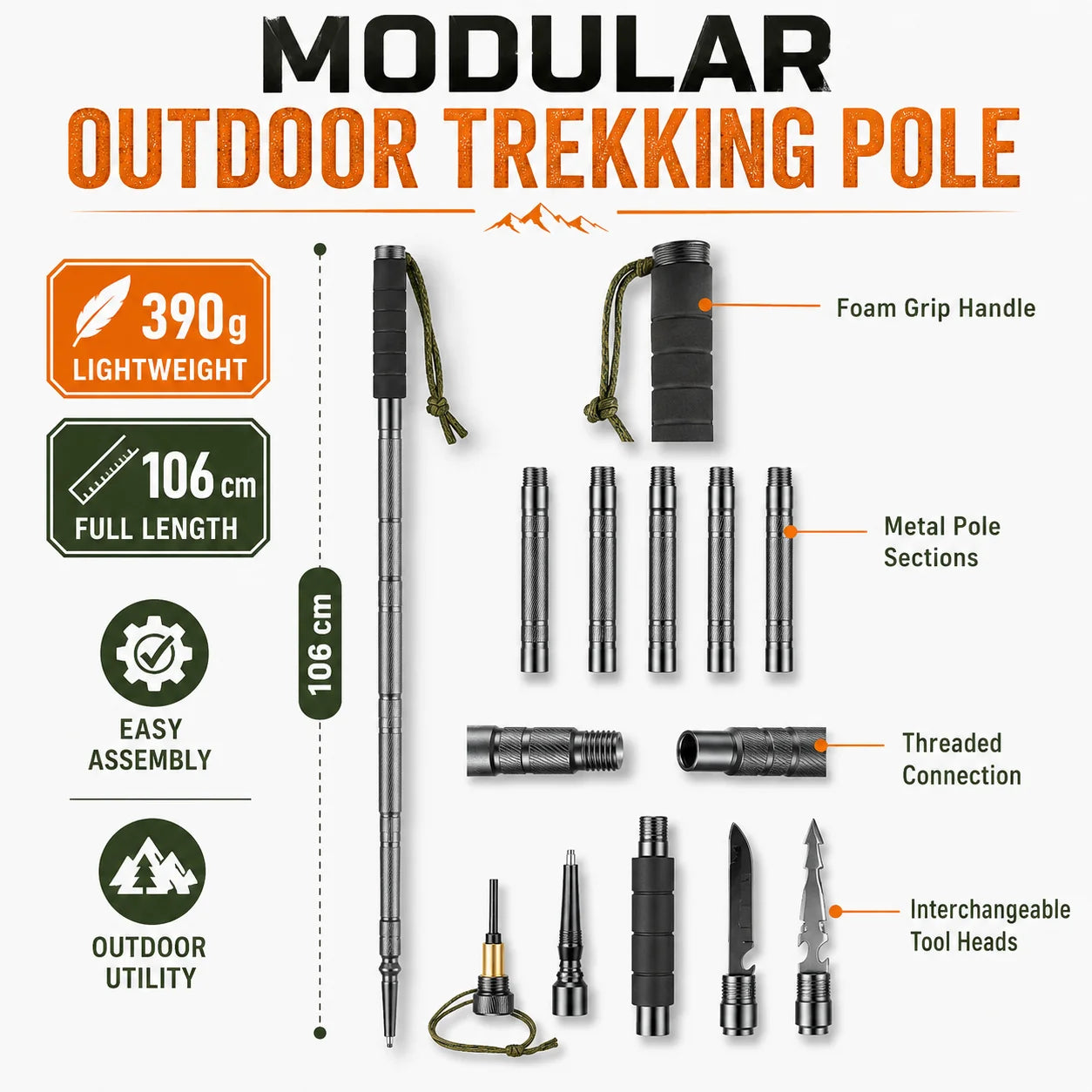 Adjustable 106CM Outdoor Walking Stick, Telescopic Lightweight Hiking Trekking Pole, Non Slip Comfort Grip Outdoor Adventures