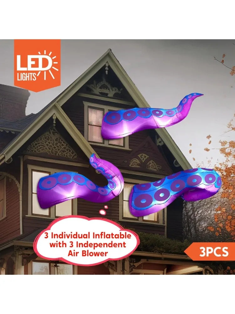 3 Pcs Octopus Tentacle Halloween Inflatables Outdoor Window Decorations Build-in LEDs Halloween Front Door Window Roof Prop