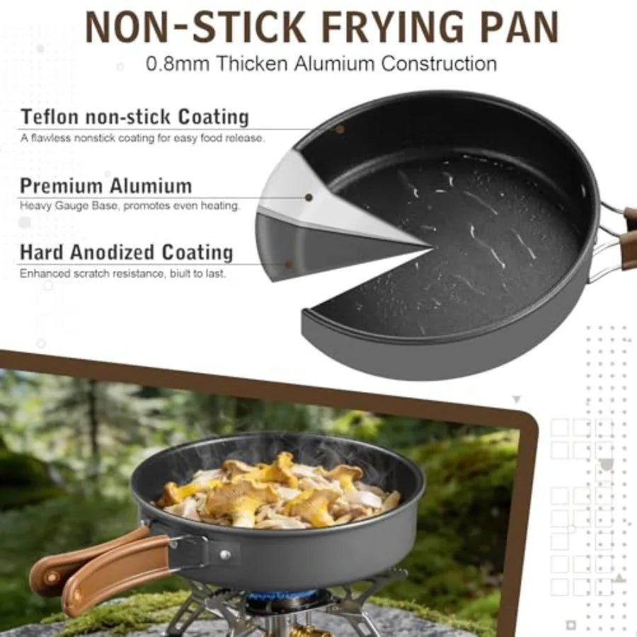 18Pcs Camping Cookware Mess Kit, 7.8" Nonstick Camp Cooking Utensil Set Pot, Pan, Kettle, Grill Grate, Outdoor Gear