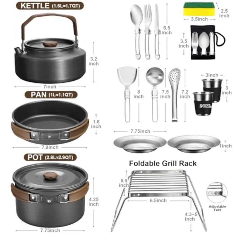 18Pcs Camping Cookware Mess Kit, 7.8" Nonstick Camp Cooking Utensil Set Pot, Pan, Kettle, Grill Grate, Outdoor Gear