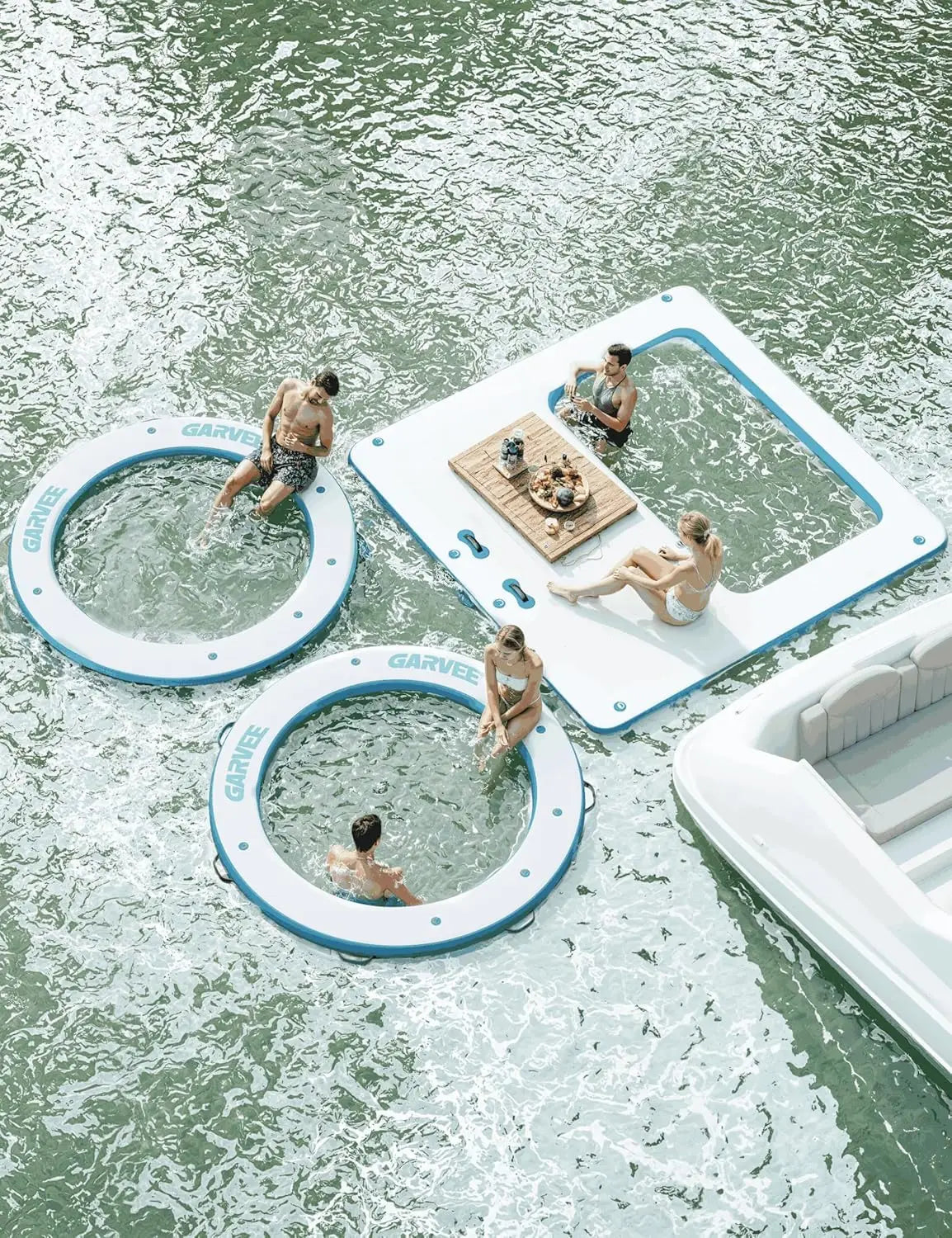 Round Inflatable Floating Platform, PVC Water Float Dock for Lake Pool and Boat, 8 x 8 ft Floating Island with 6 ft Open Center
