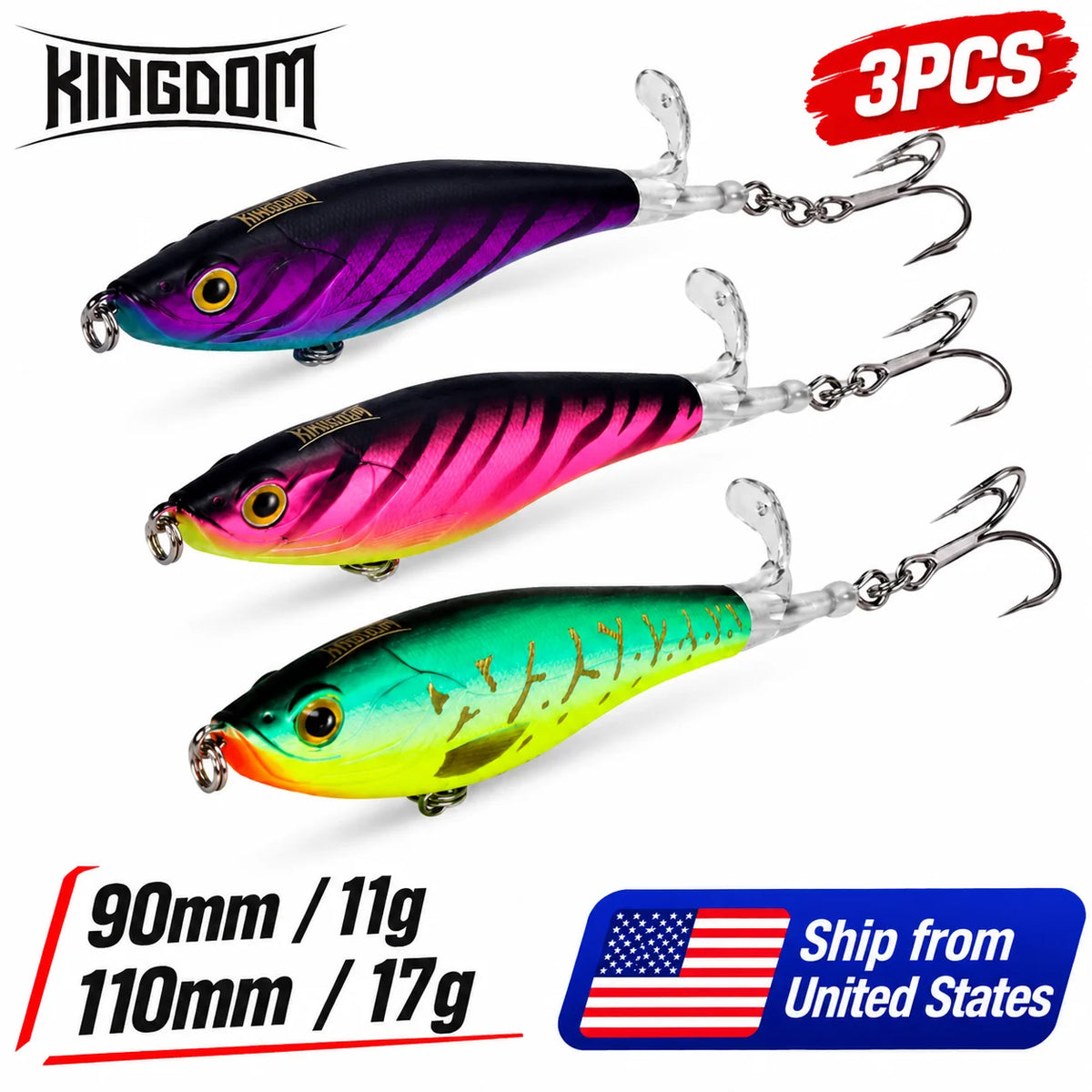 Floating Fishing Lures 3PCS Topwater Crankbait 90mm 11g / 110mm 17g Hard Baits with Treble Hooks, Realistic Fish Scale Design