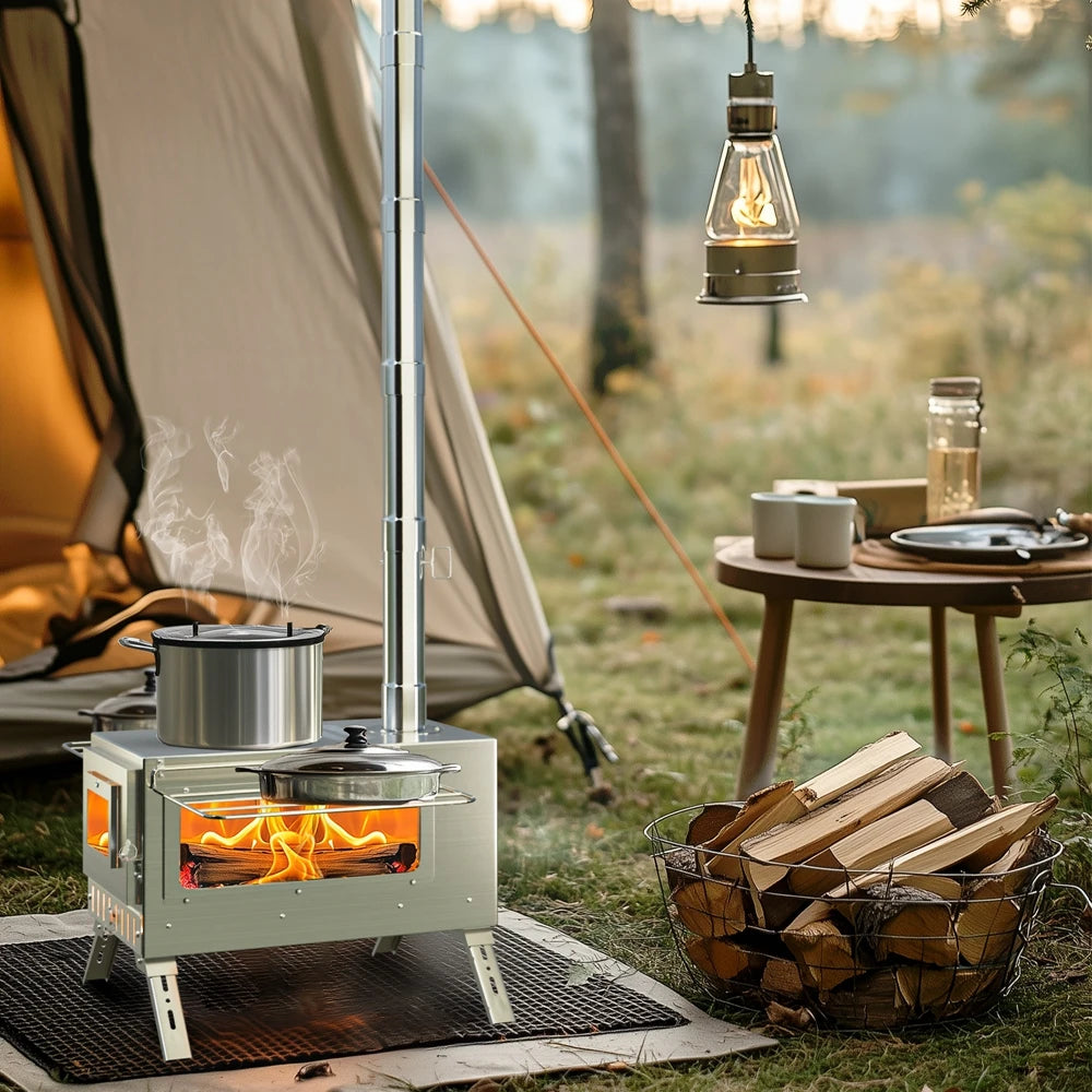 Portable Camping Wood Burning Stove Stainless Steel Tent Stove with 7 Chimney Pipes for Outdoor Camping