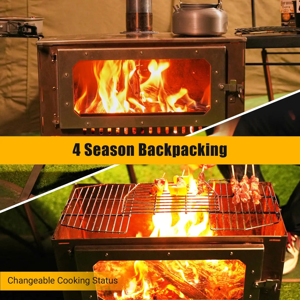 Portable Hot Tent Stove, Wood Burning Stove for Camping, Tent Stove With View Glass, Large Stainless Steel Camping Stove