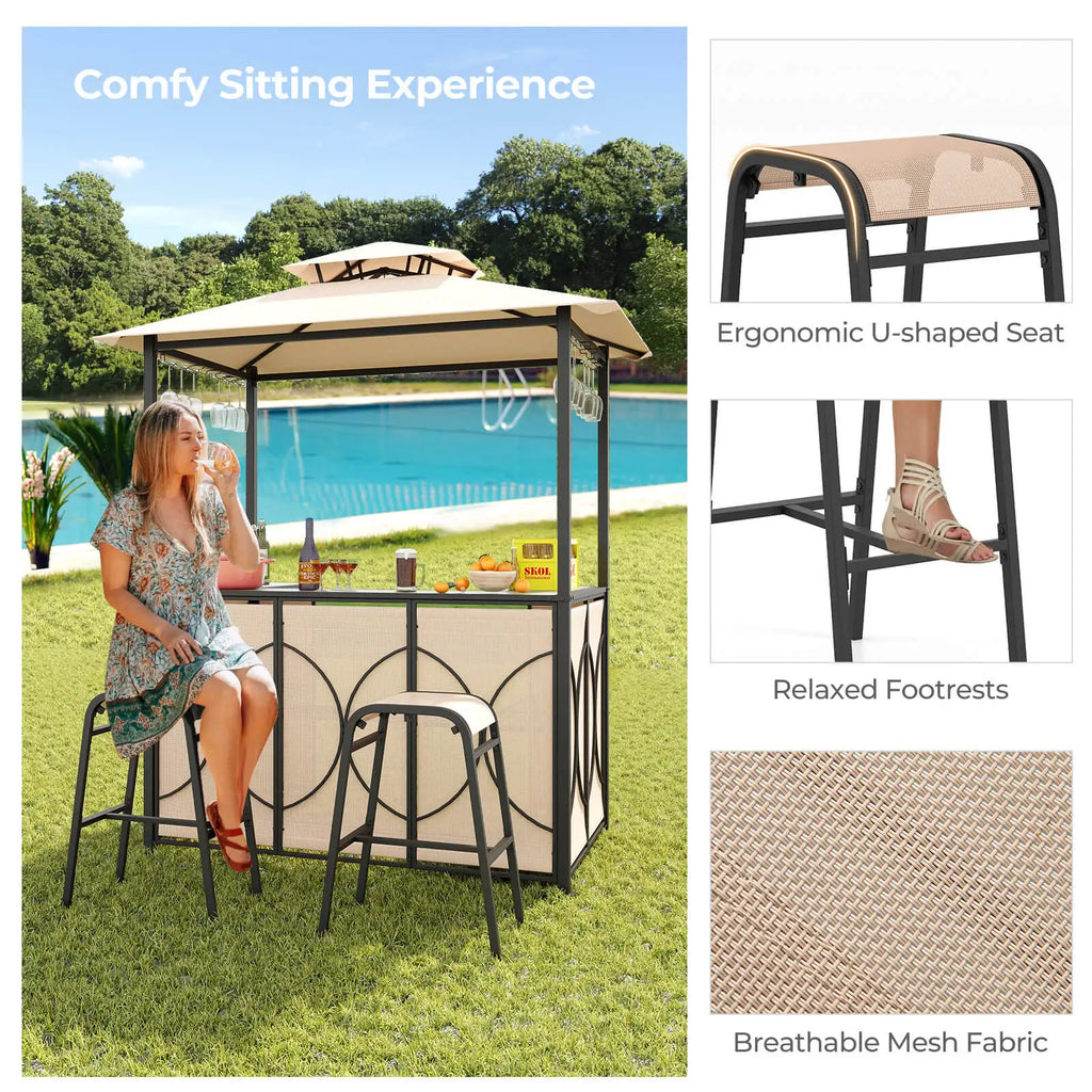 3 PCS Patio Bar Set with Tempered Glass Bar Table Metal Storage Shelves