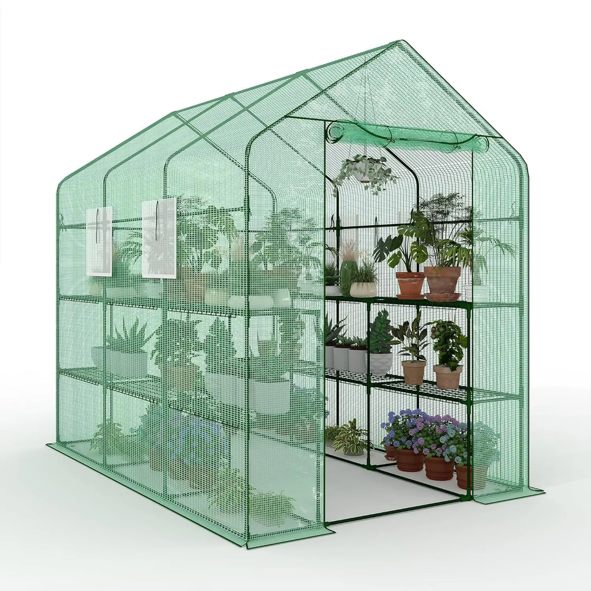 57x85x77in Walk-In Greenhouse With 8 Shelves, PE Cover, Mesh Windows & Zipper Door, Heavy Duty Plant House