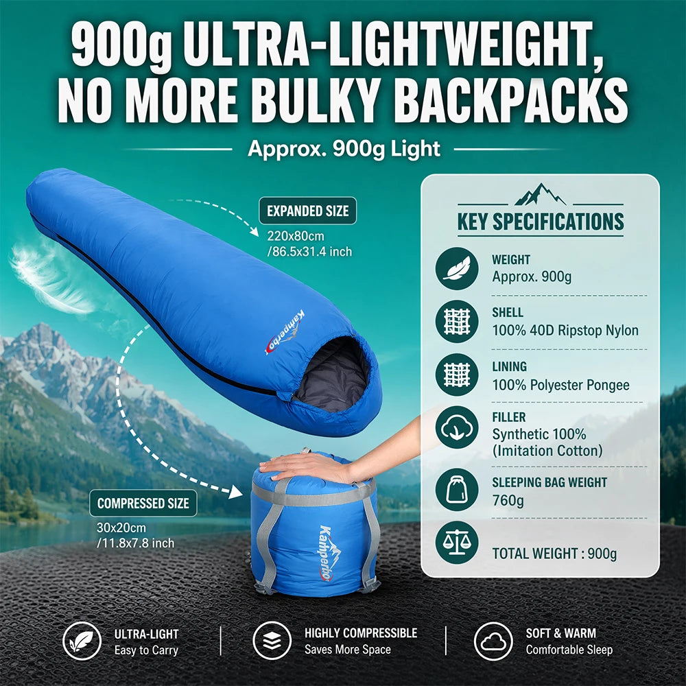 Sleeping Bag 40D Ripstop Nylon Shell Synthetic Fiber Fill Lightweight Portable Camping for Adults