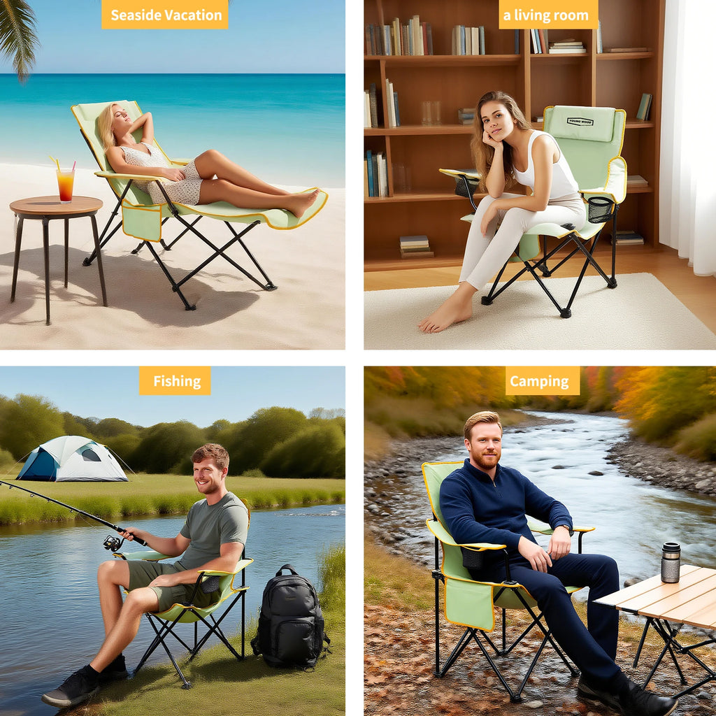 2-in-1 Reclining Camping Chair with Footrest, Foldable Outdoor Lounge Chair with Cup Holder