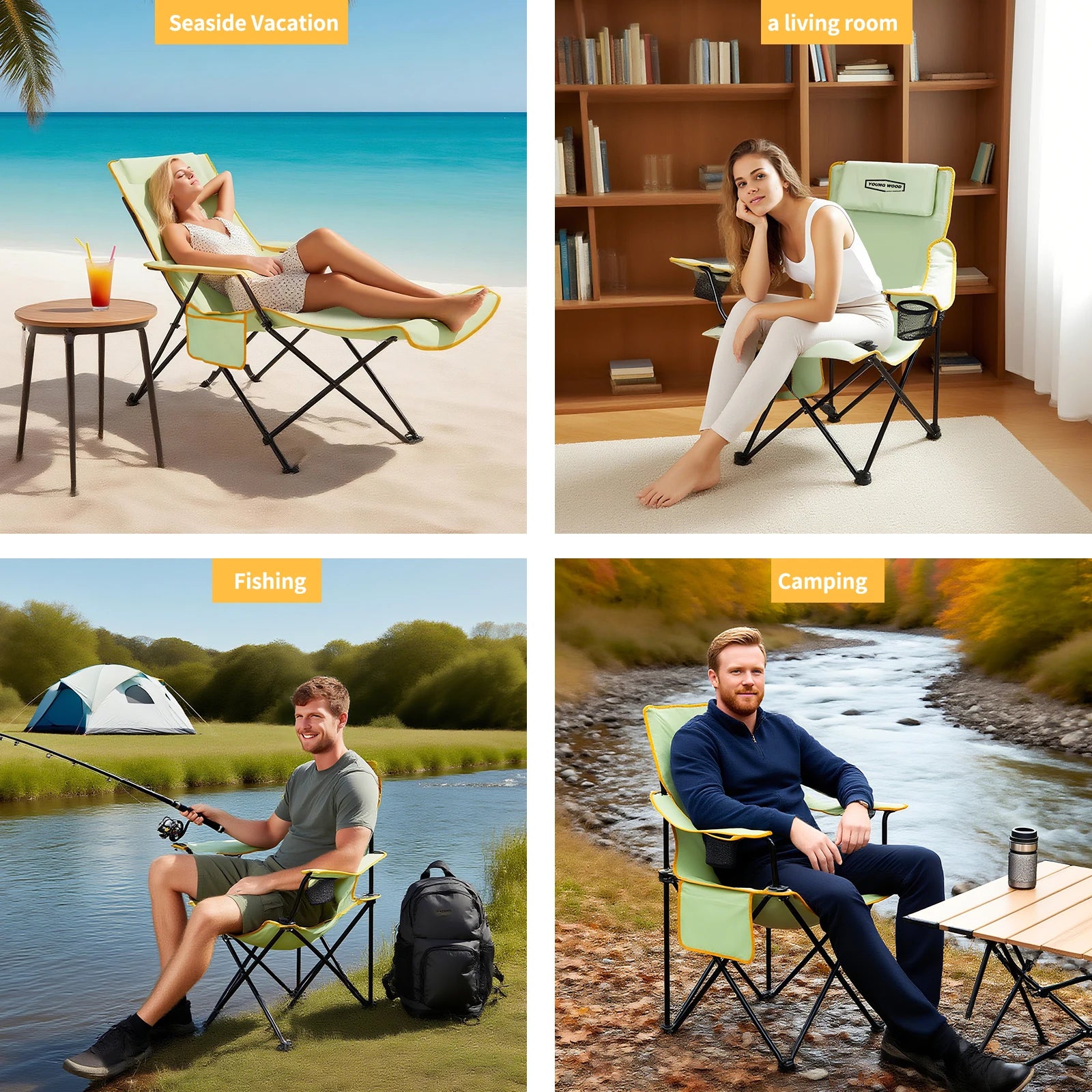 2-in-1 Reclining Camping Chair with Footrest, Foldable Outdoor Lounge Chair with Cup Holder