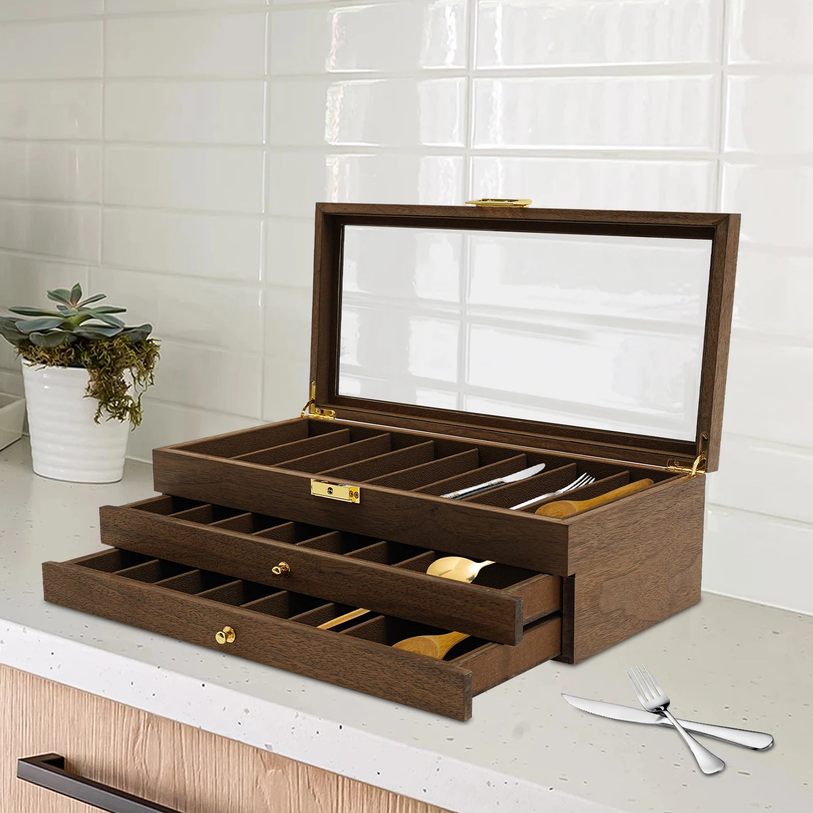 3-Tier Knife Storage Box with Lock & Glass Lid, 22 Compartments Walnut Camping Knives