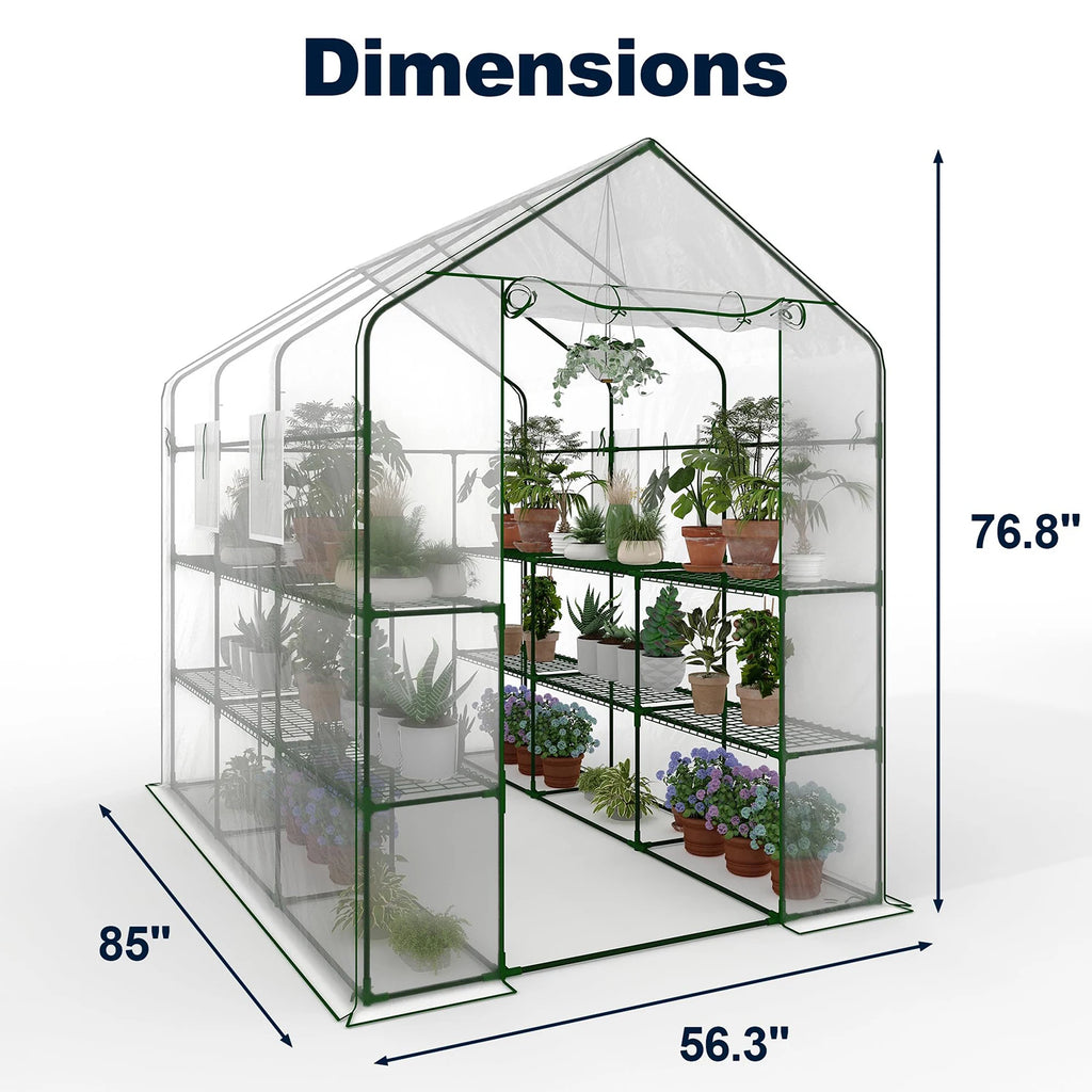 57x85x77in Walk-In Greenhouse With 8 Shelves, PE Cover, Mesh Windows & Zipper Door, Heavy Duty Plant House