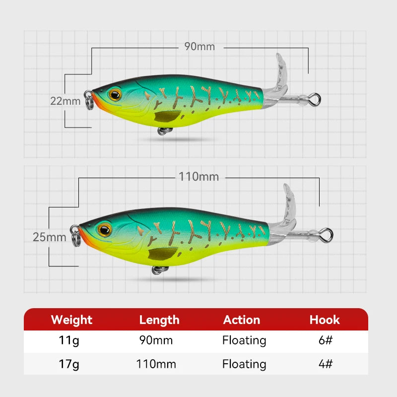 Floating Fishing Lures 3PCS Topwater Crankbait 90mm 11g / 110mm 17g Hard Baits with Treble Hooks, Realistic Fish Scale Design