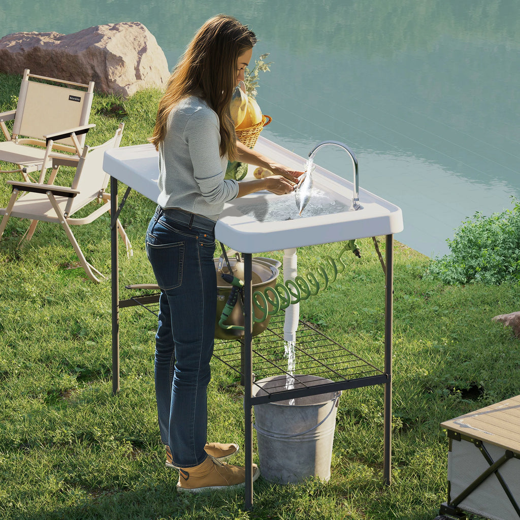 Folding Fish Cleaning Table with Sink, Faucet, Sprayer, White