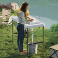 Folding Fish Cleaning Table with Sink, Faucet, Sprayer, White