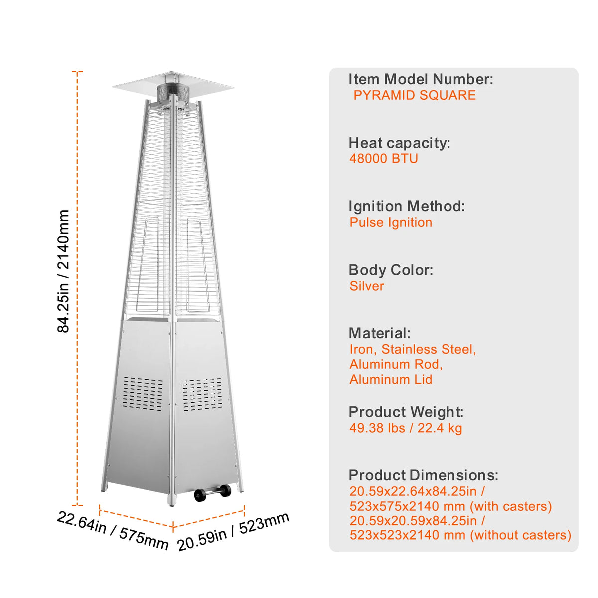 Patio Heater for Outdoor Use Tall Hammered With Round Table Design Metal Burner and Wheels Fixed Flame Heater for Patio