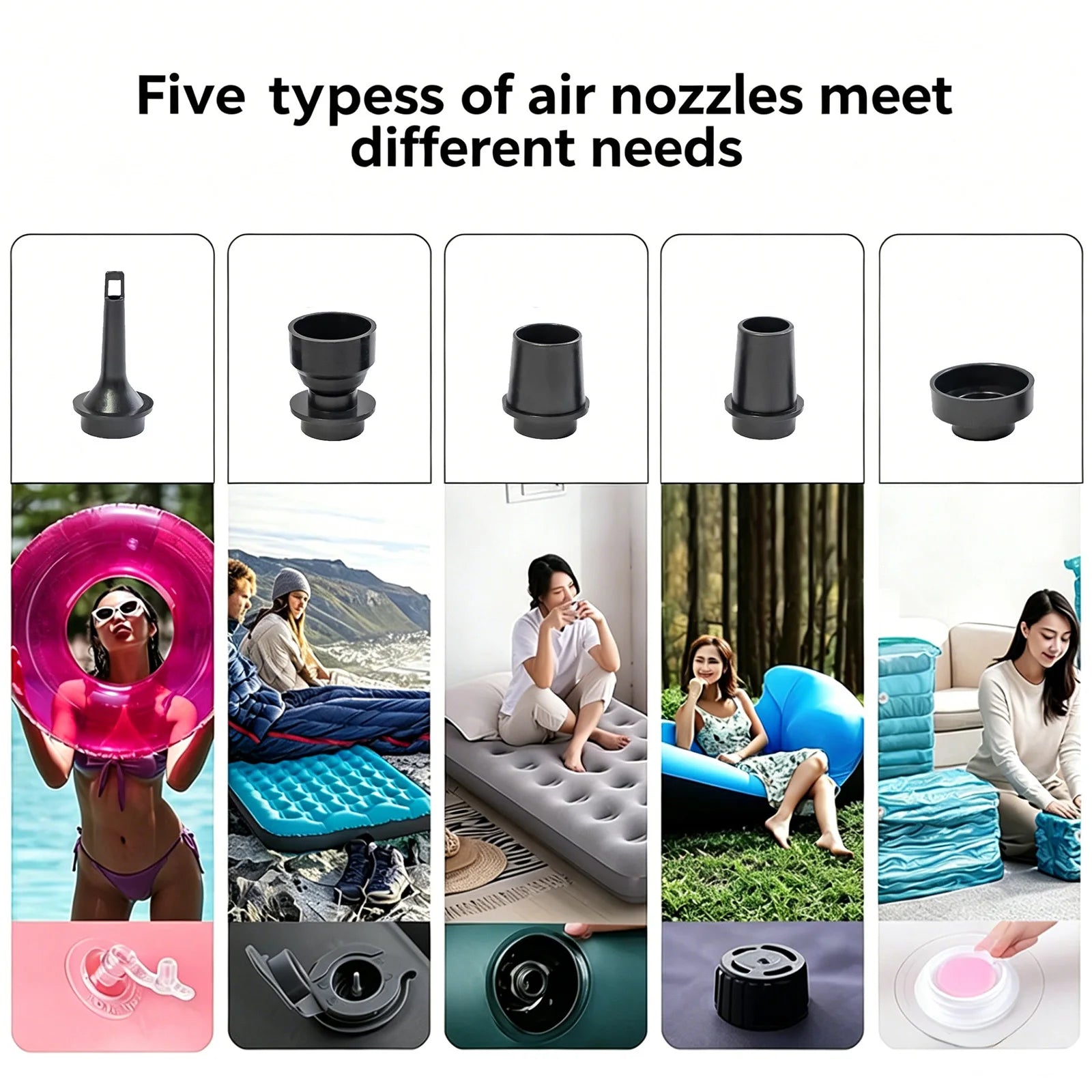 Portable Rechargeable Air Pump 5 Nozzles Electric Inflator with LED Light Type-C USB for Pool Mattress Swimming Ring