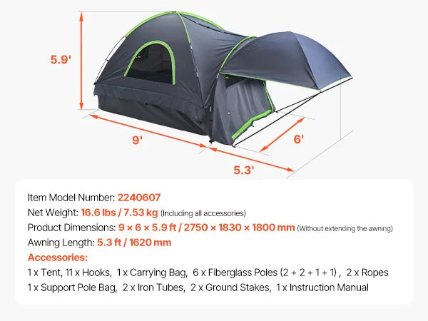 Pickup Truck Bed Tent Camping 2-3 Person  Expandable Awning