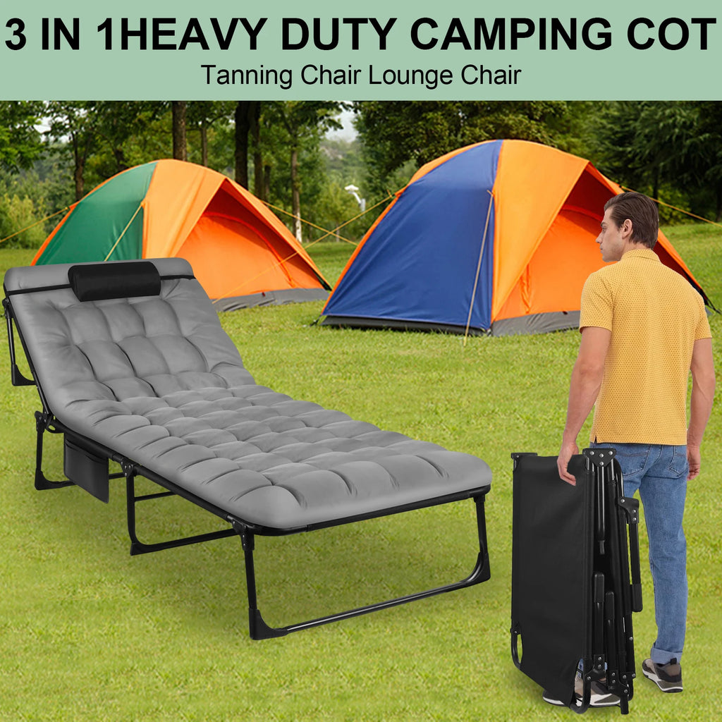Portable Folding Camping Cot - 3-Position Adjustable Reclining Lounge Chair with Pillow
