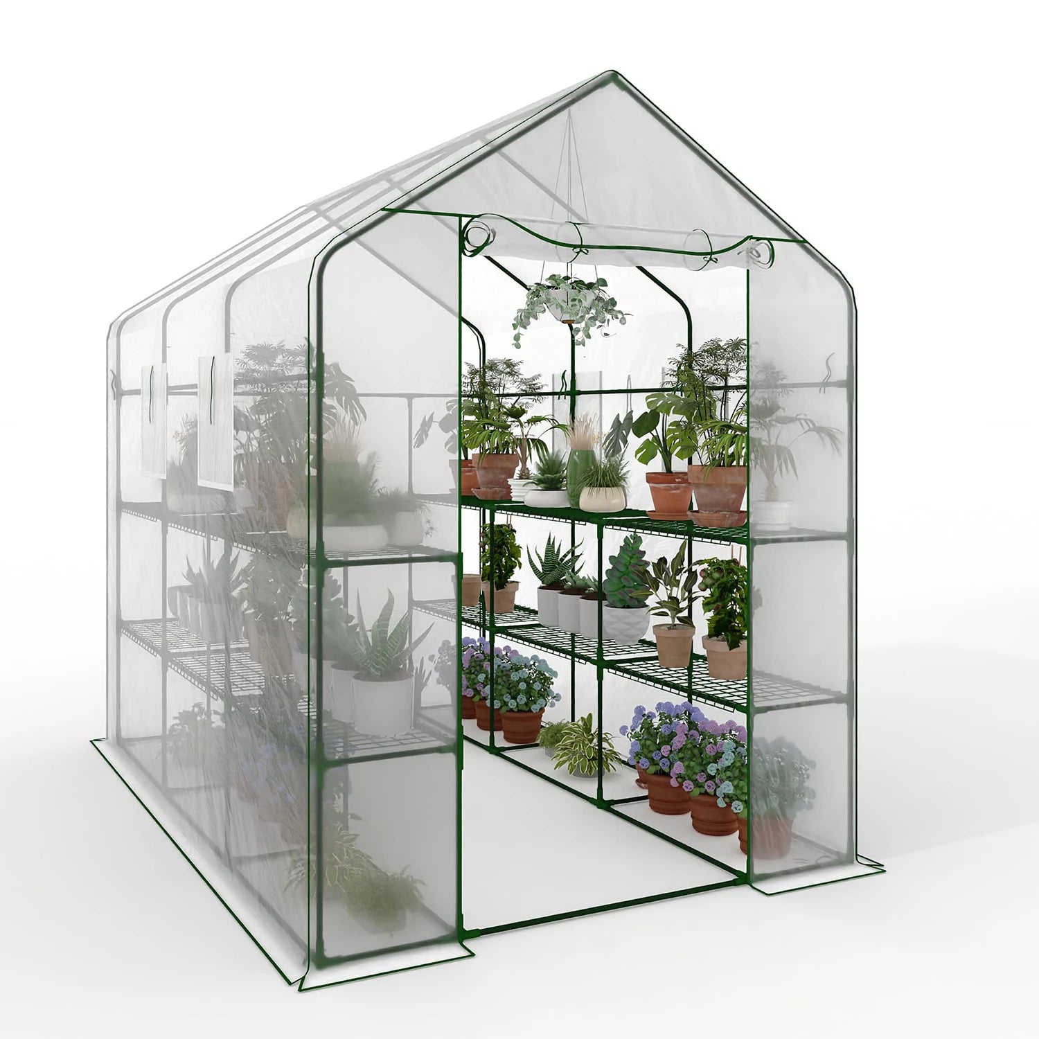57x85x77in Walk-In Greenhouse With 8 Shelves, PE Cover, Mesh Windows & Zipper Door, Heavy Duty Plant House