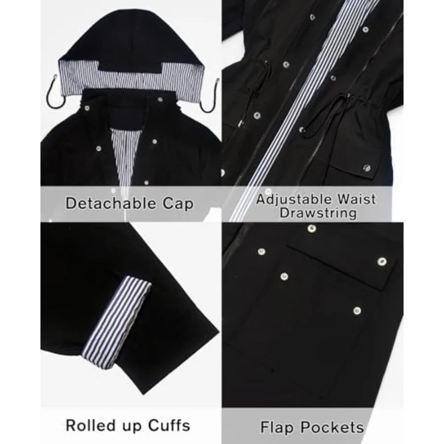 Rain Coats for Women Waterproof Rain Jacket Lightweight Windbreaker Outdoor Hooded Trench Coat