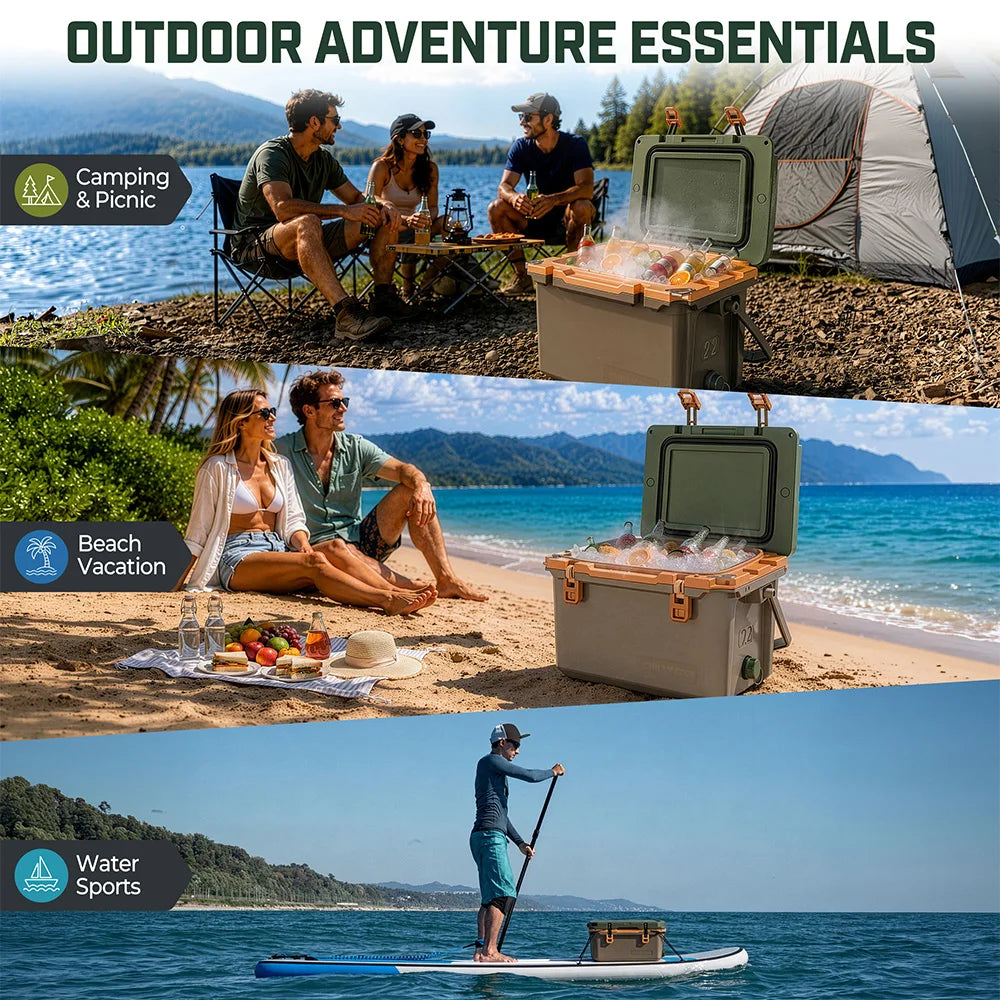 Khaki Grey Ultra Light Hard Cooler, 22QT Refrigerator 7-Day Cooling Leak Proof and Heavy-duty With All Terrain Wheels