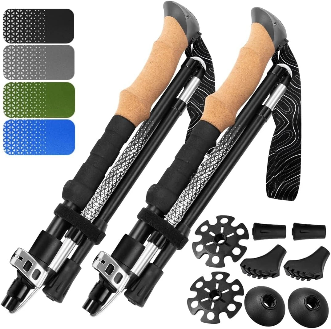 Foldable Adjustable Trekking Poles Aircraft Grade Aluminum Shaft With Metal Lock System Cork & EVA Hybrid Grips For Mountaineering Backpacking